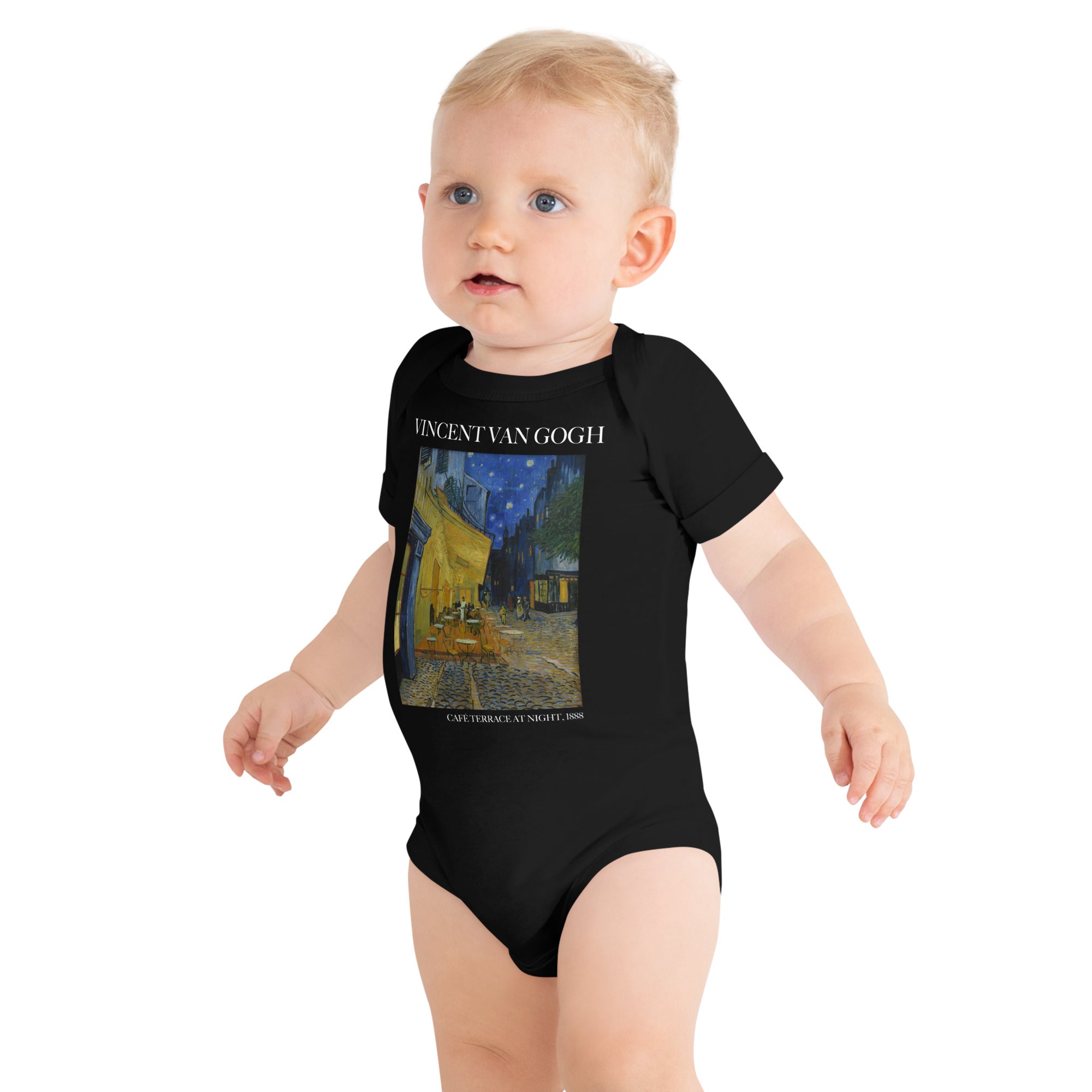 Vincent van Gogh 'Café Terrace at Night' Famous Painting Short Sleeve One Piece | Premium Baby Art One Sleeve