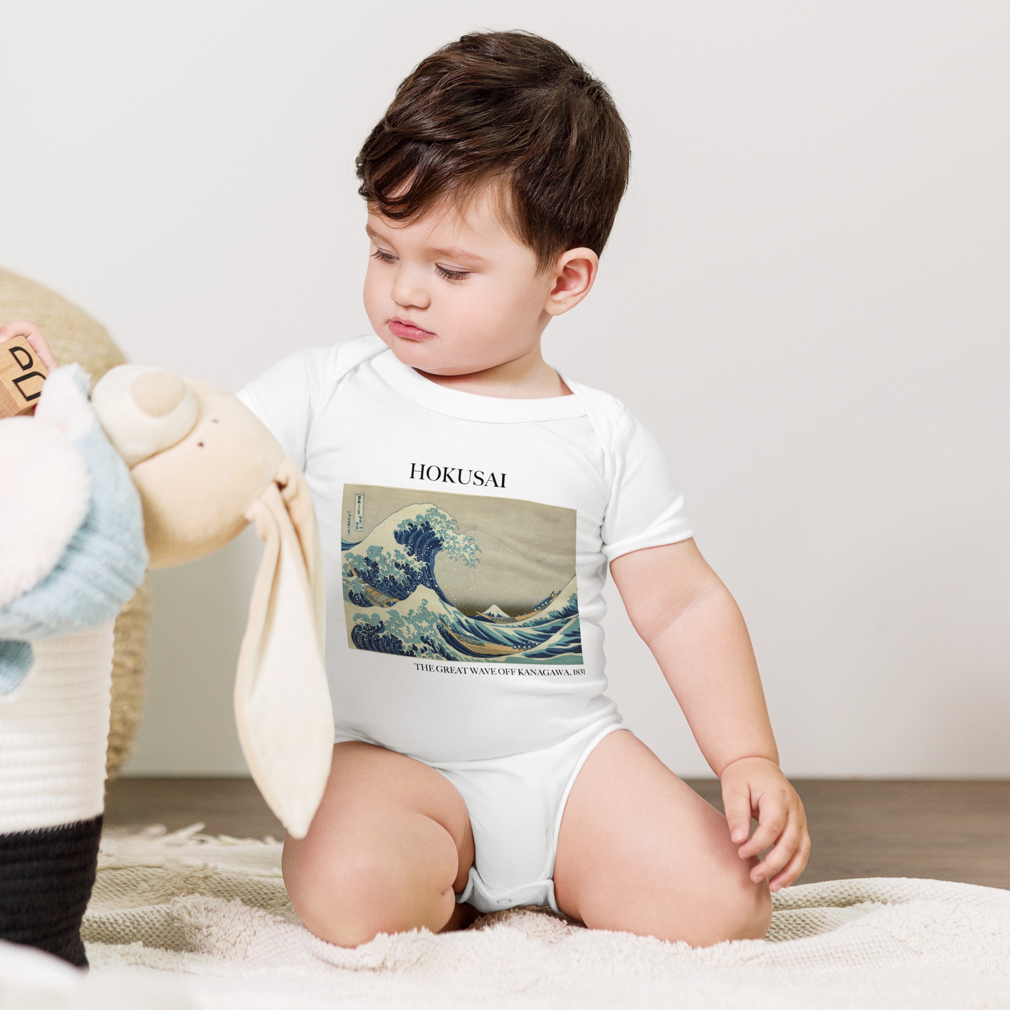 Kurzärmliger Einteiler „Die große Welle vor Kanagawa“ von Hokusai, berühmtes Gemälde | Premium-Einteiler für Babykunst