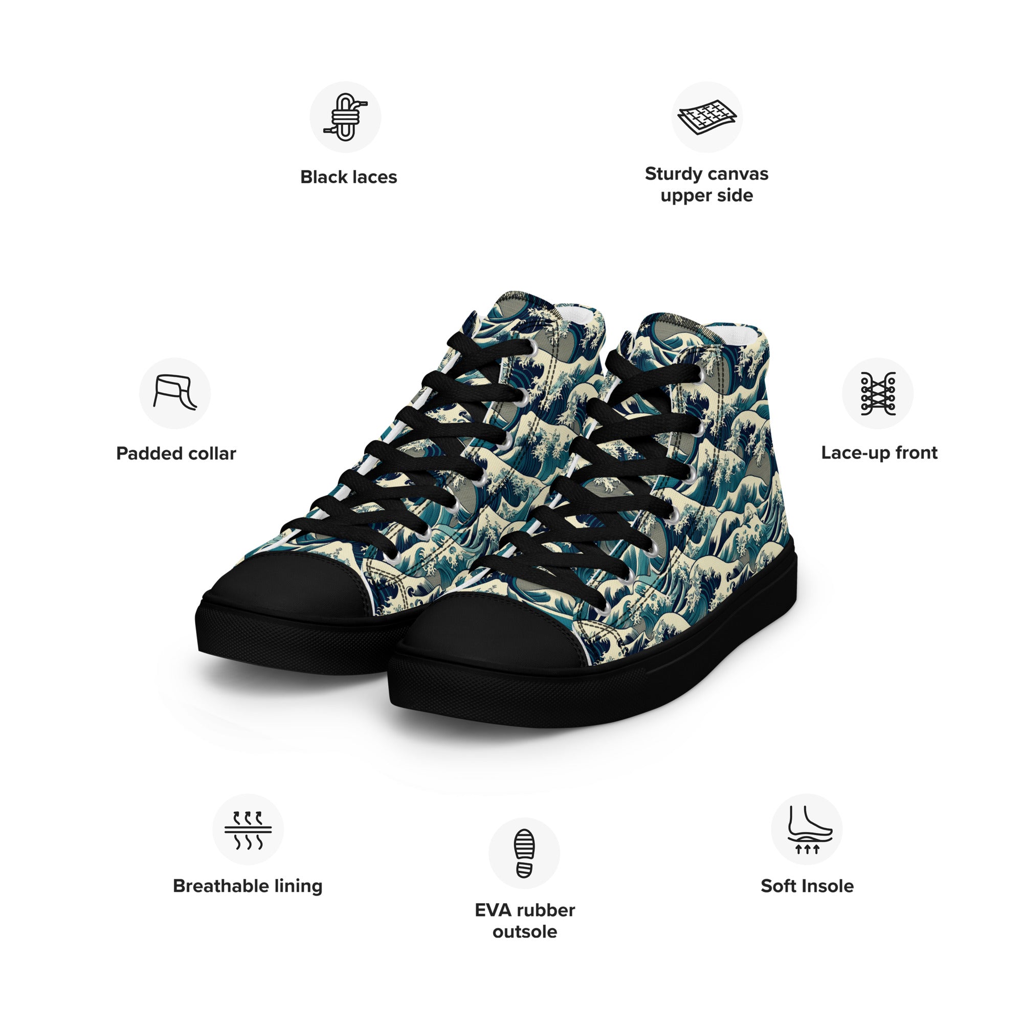 Hokusai 'The Great Wave off Kanagawa' High Top Shoes | Premium Art High Top Sneakers for Men