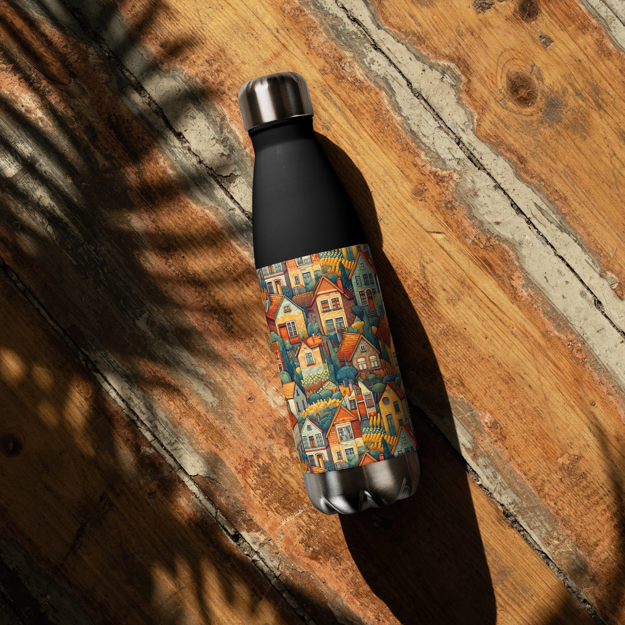 Wasserflasche mit berühmtem Gemälde „Häuser bei Auvers“ von Vincent van Gogh | Kunst-Wasserflasche aus Edelstahl