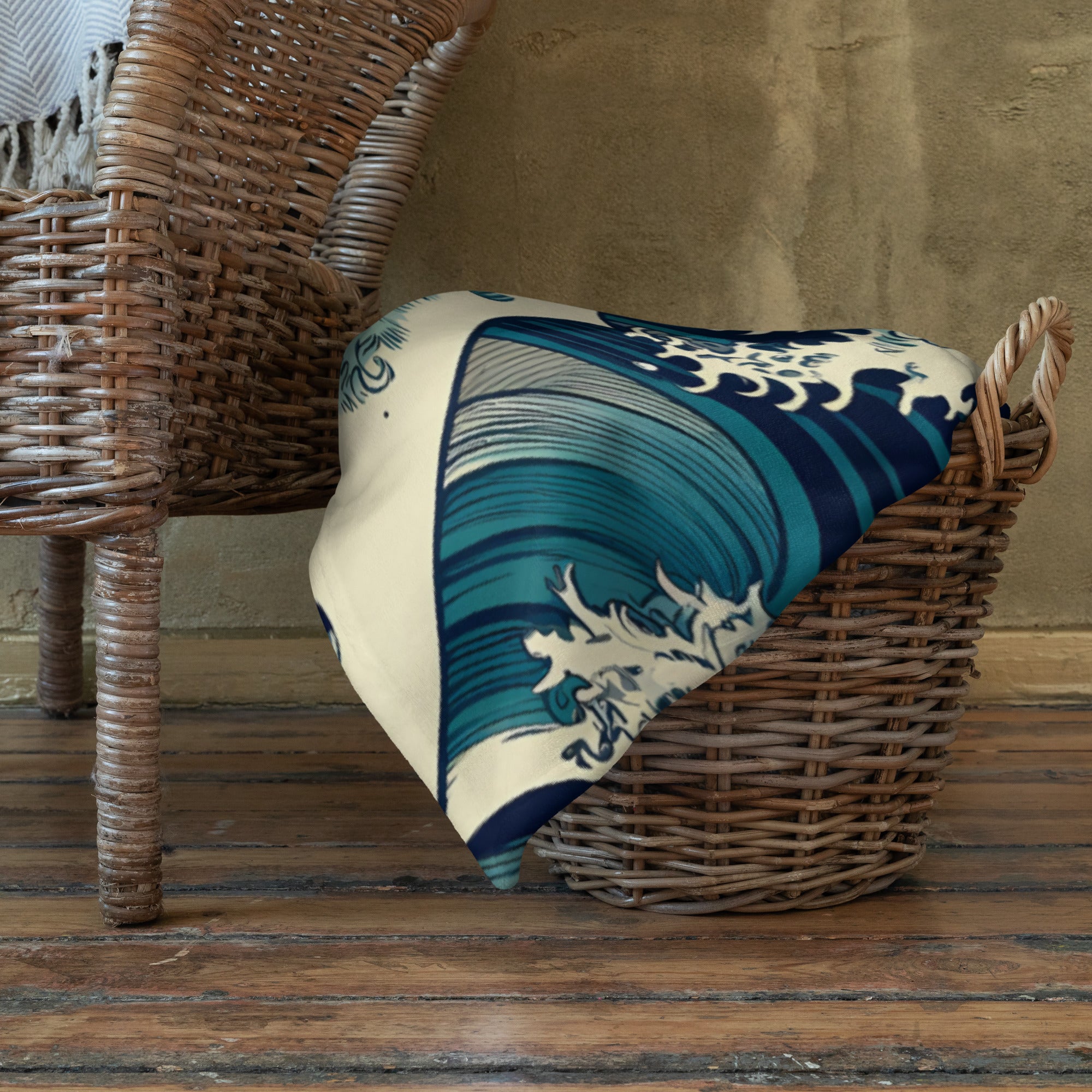 Überwurfdecke mit berühmtem Gemälde „Die große Welle vor Kanagawa“ von Hokusai | Hochwertiger Kunstüberwurf