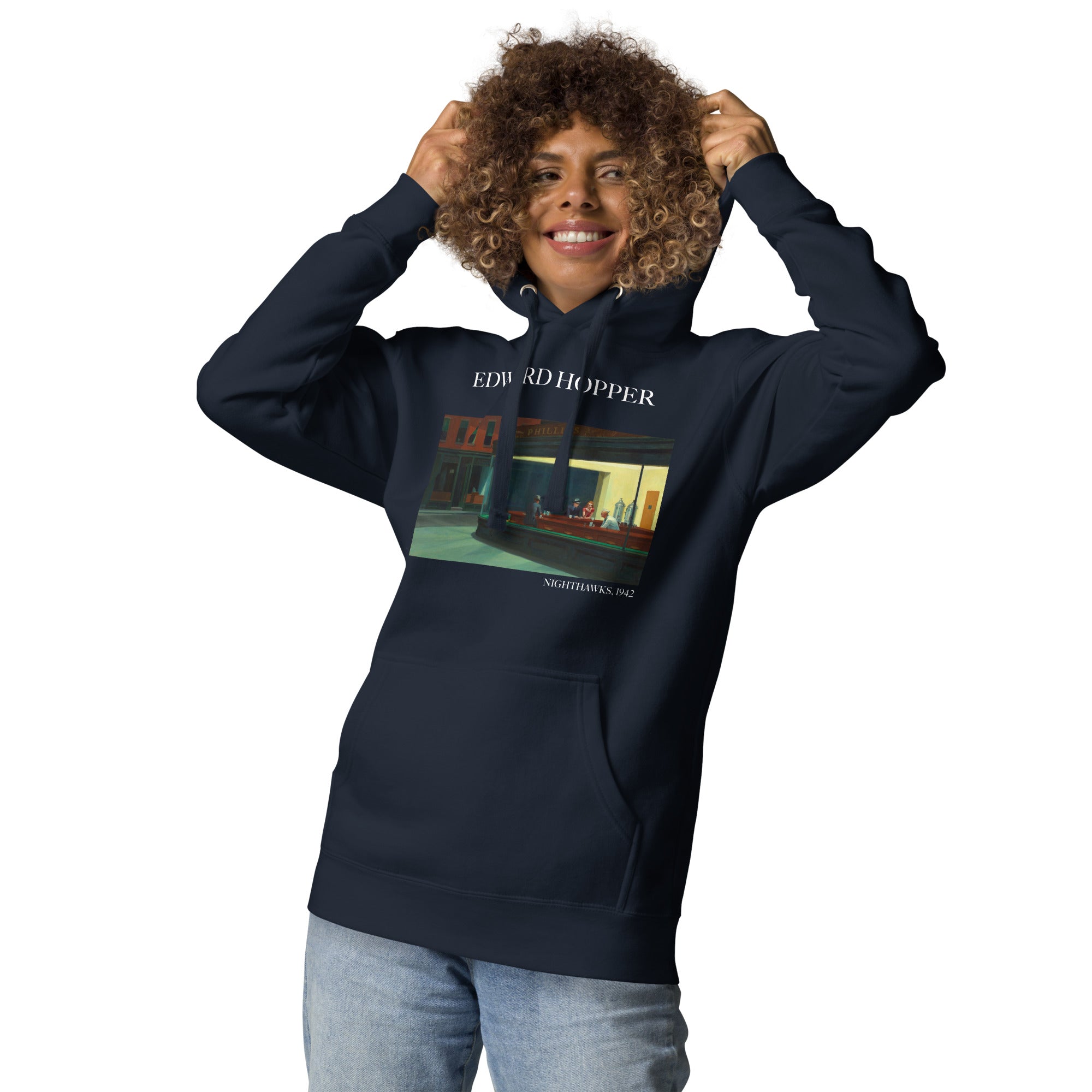 Kapuzenpullover mit berühmtem Gemälde „Nighthawks“ von Edward Hopper | Unisex-Kapuzenpullover mit Premium-Kunstmotiv