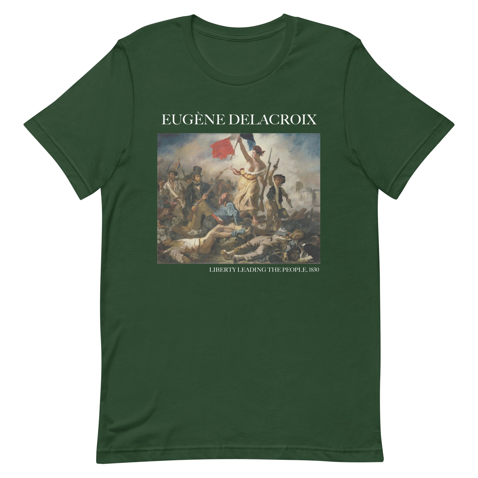 T-Shirt mit berühmtem Gemälde „Die Freiheit führt das Volk“ von Eugène Delacroix | Unisex-T-Shirt im klassischen Kunststil