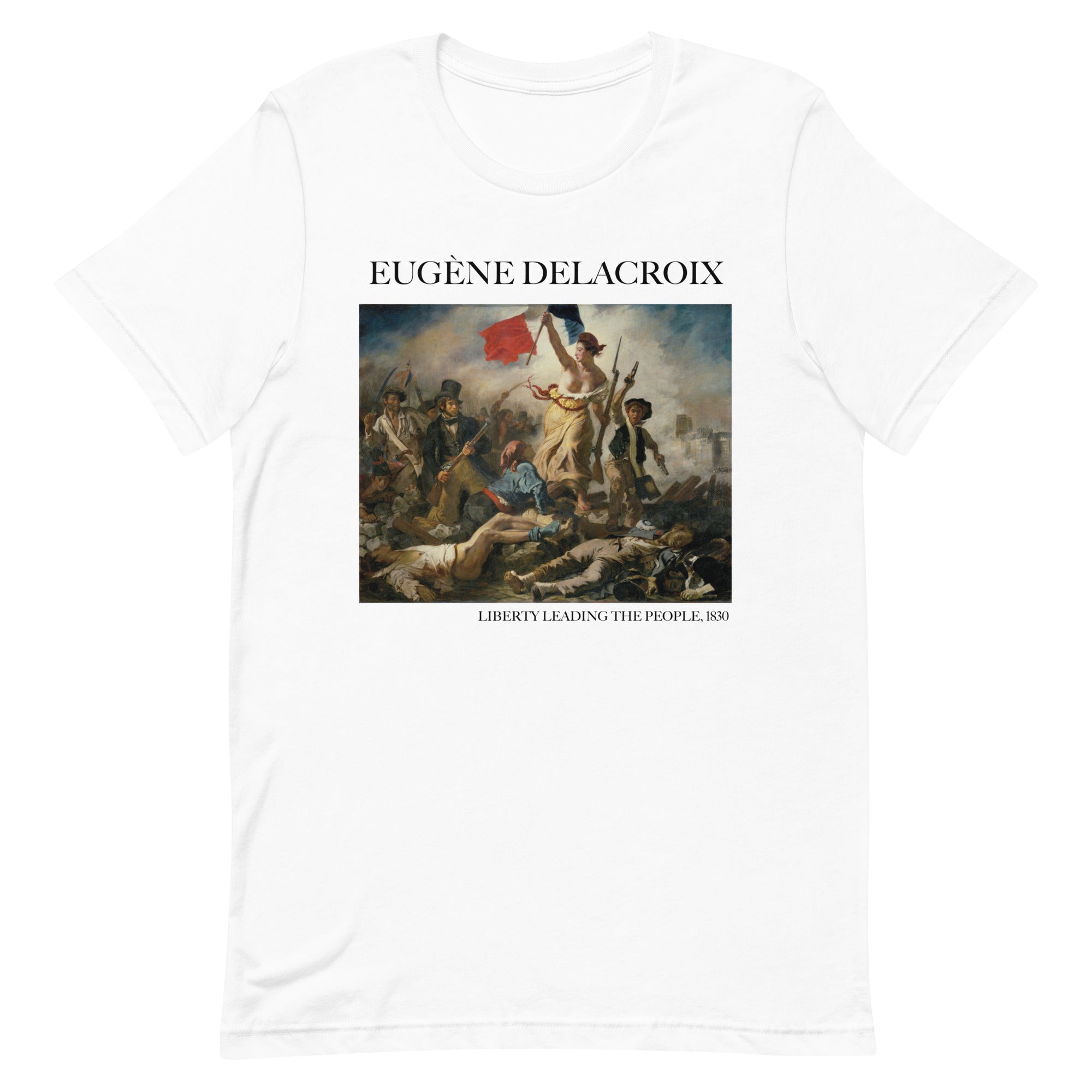 T-Shirt mit berühmtem Gemälde „Die Freiheit führt das Volk“ von Eugène Delacroix | Unisex-T-Shirt im klassischen Kunststil