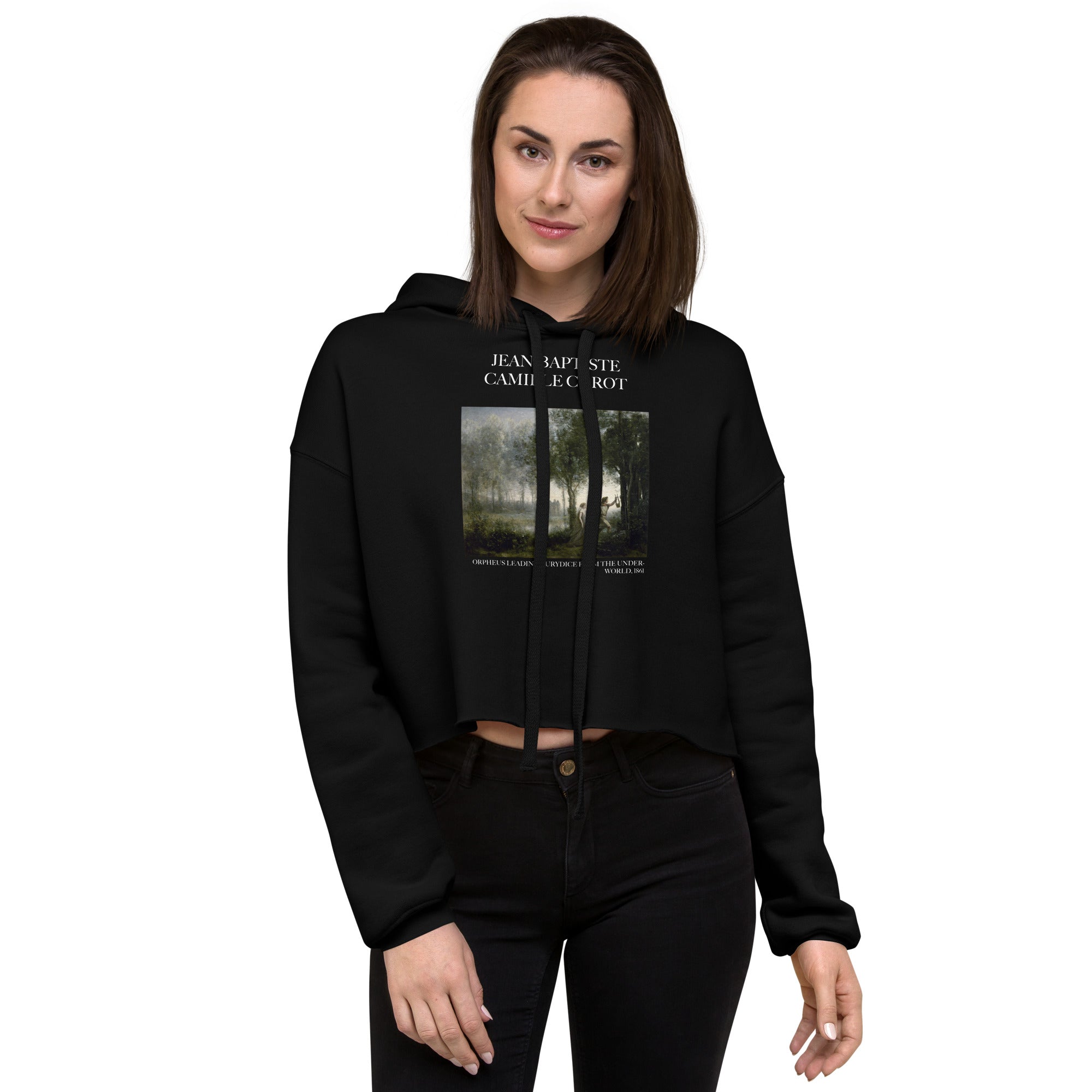 Jean-Baptiste Camille Corot 'Orpheus Leading Eurydice from the Underworld' Famous Painting Cropped Hoodie | Premium Art Cropped Hoodie