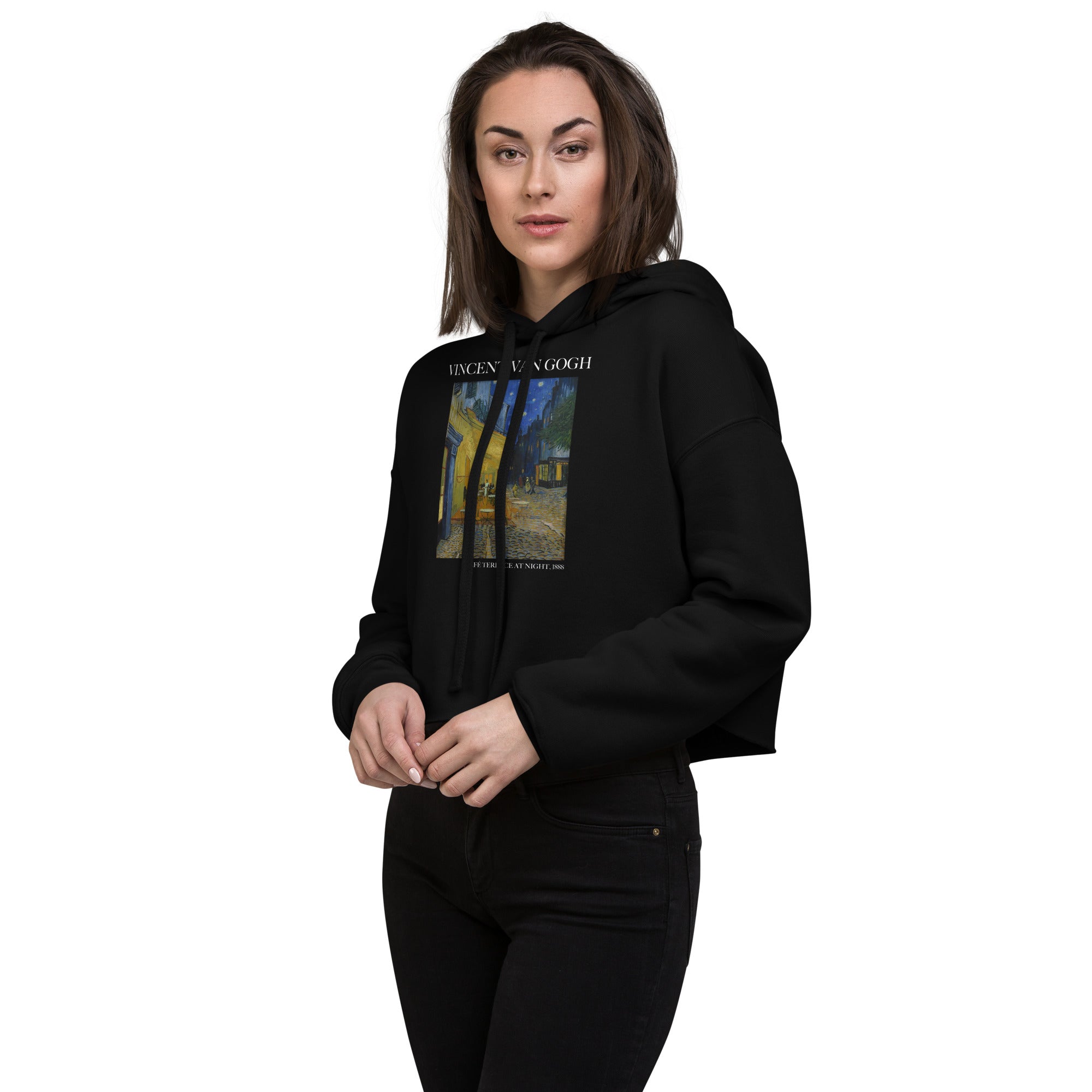 Vincent van Gogh 'Café Terrace at Night' Famous Painting Cropped Hoodie | Premium Art Cropped Hoodie