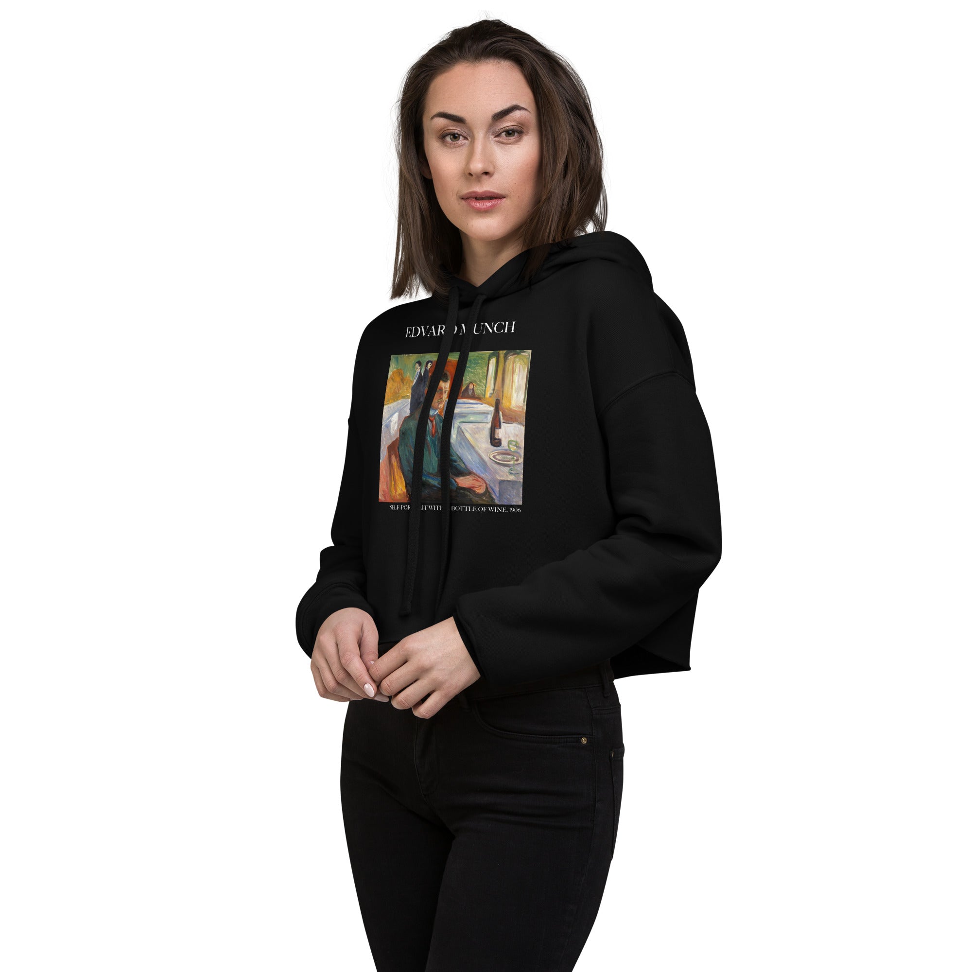 Edvard Munch 'Self-Portrait with a Bottle of Wine' Famous Painting Cropped Hoodie | Premium Art Cropped Hoodie