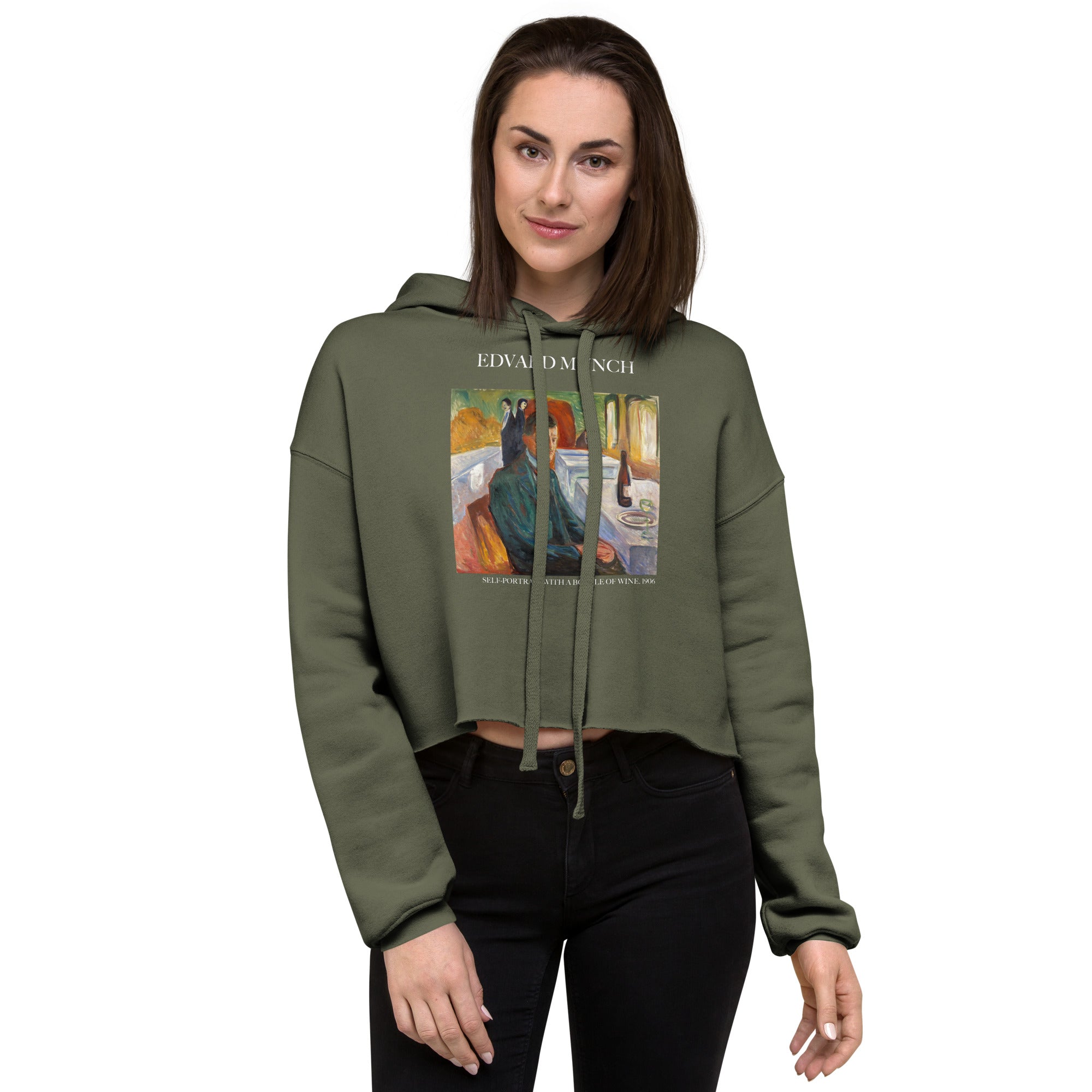 Edvard Munch 'Self-Portrait with a Bottle of Wine' Famous Painting Cropped Hoodie | Premium Art Cropped Hoodie