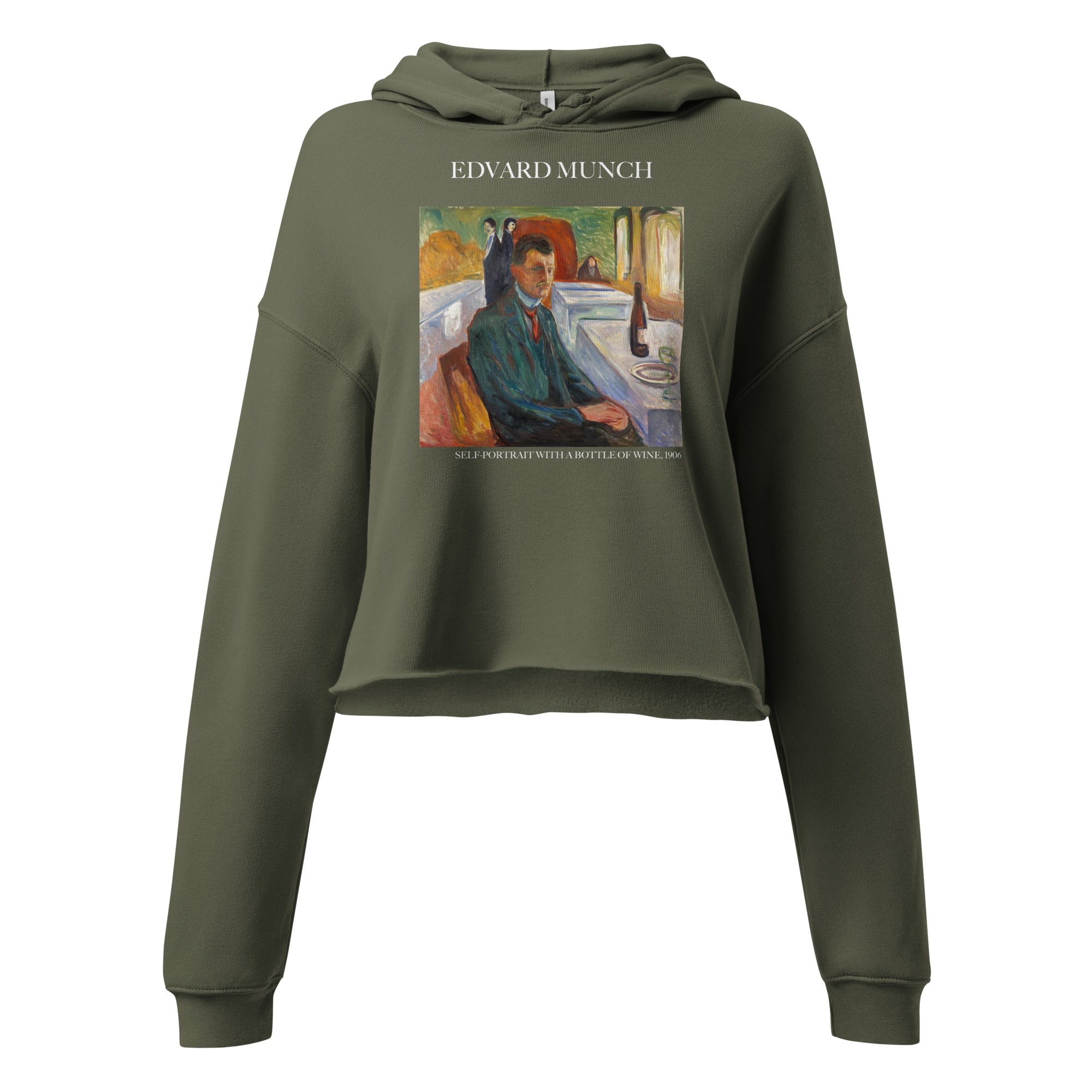 Edvard Munch 'Self-Portrait with a Bottle of Wine' Famous Painting Cropped Hoodie | Premium Art Cropped Hoodie