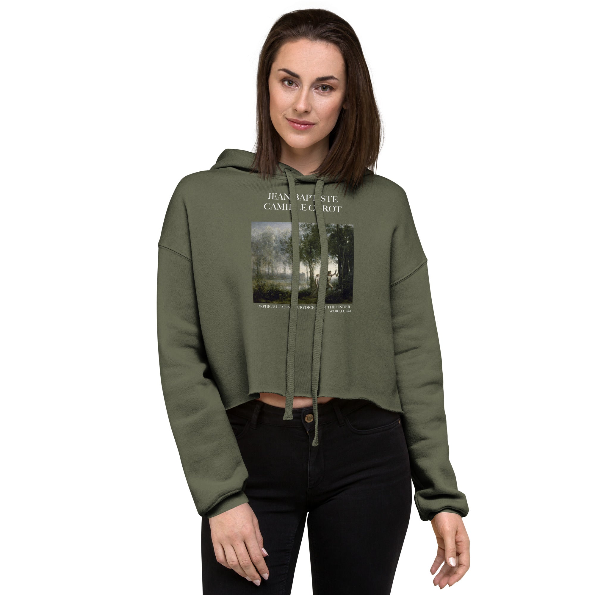 Jean-Baptiste Camille Corot 'Orpheus Leading Eurydice from the Underworld' Famous Painting Cropped Hoodie | Premium Art Cropped Hoodie