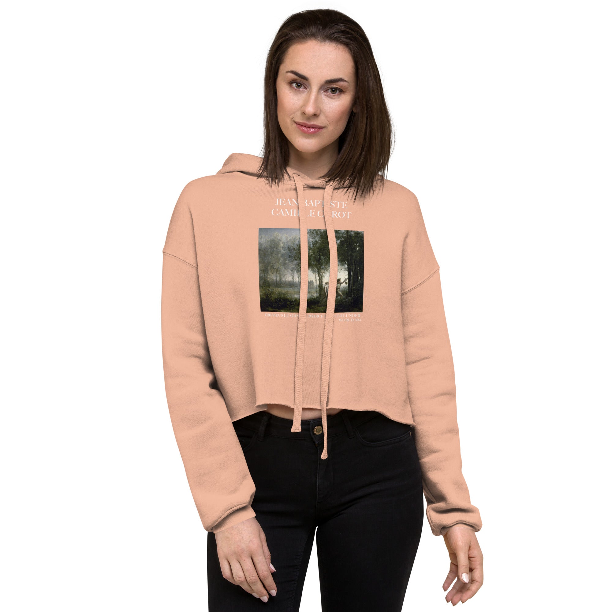 Jean-Baptiste Camille Corot 'Orpheus Leading Eurydice from the Underworld' Famous Painting Cropped Hoodie | Premium Art Cropped Hoodie