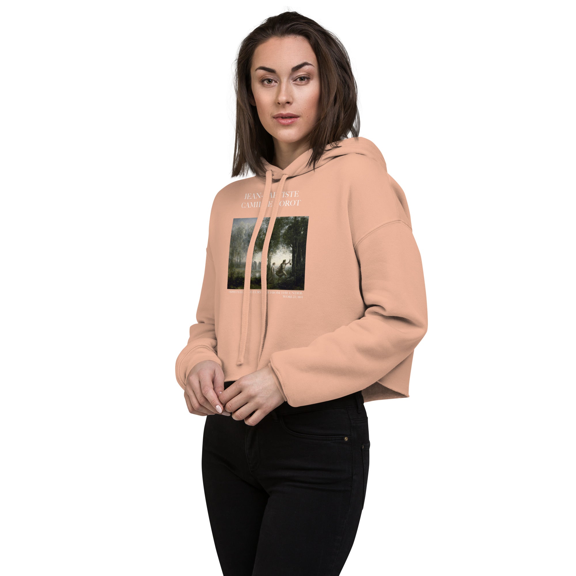 Jean-Baptiste Camille Corot 'Orpheus Leading Eurydice from the Underworld' Famous Painting Cropped Hoodie | Premium Art Cropped Hoodie