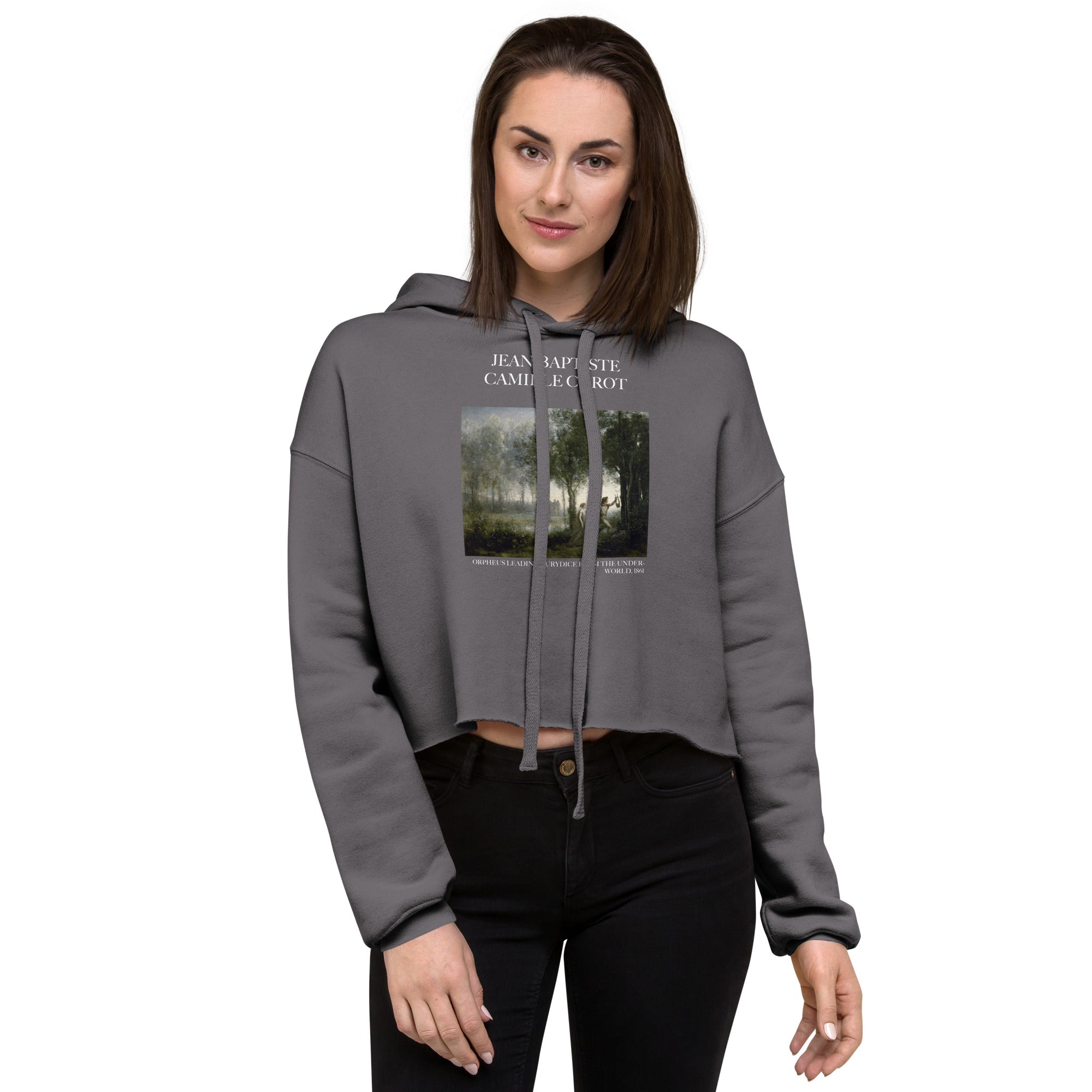 Jean-Baptiste Camille Corot 'Orpheus Leading Eurydice from the Underworld' Famous Painting Cropped Hoodie | Premium Art Cropped Hoodie