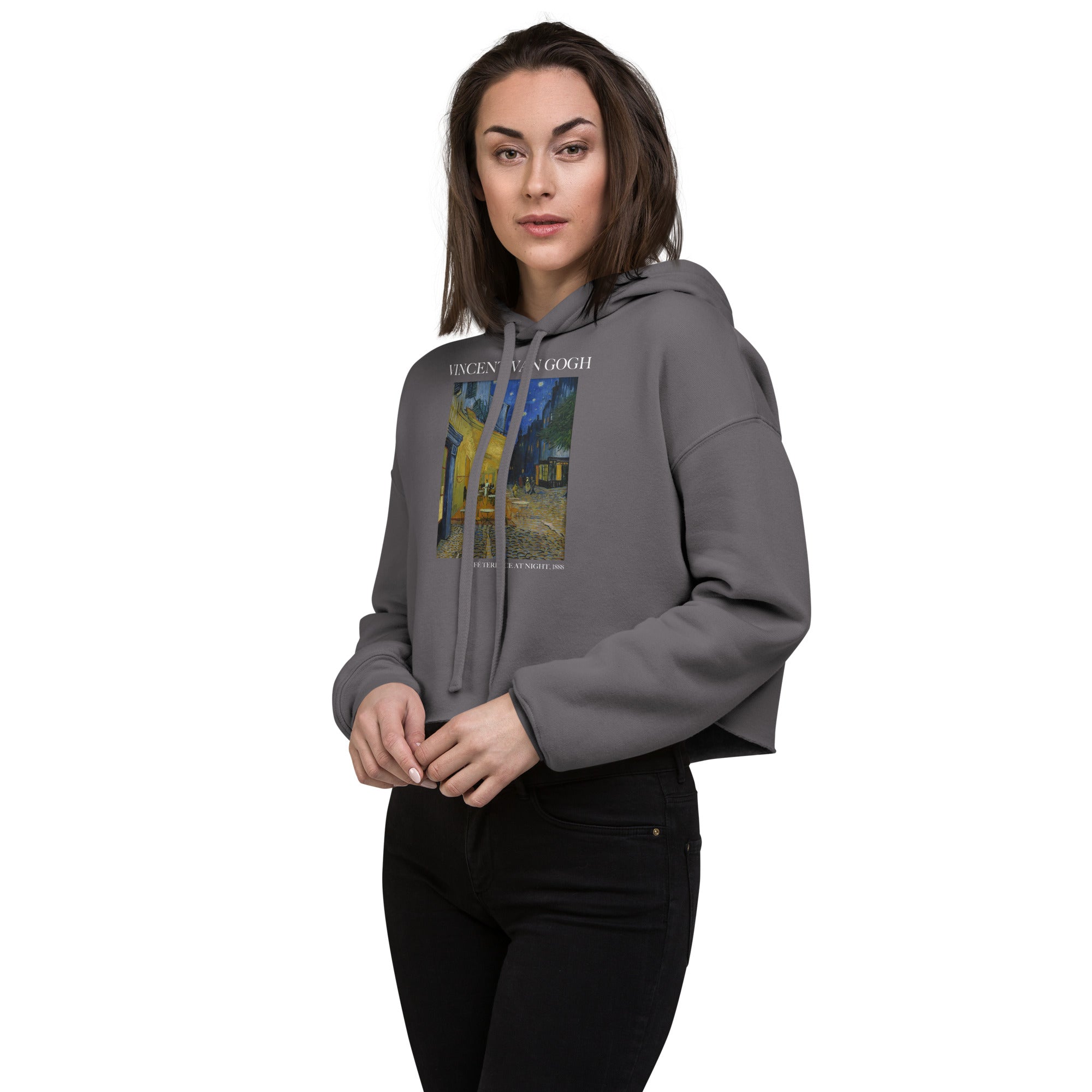 Vincent van Gogh 'Café Terrace at Night' Famous Painting Cropped Hoodie | Premium Art Cropped Hoodie