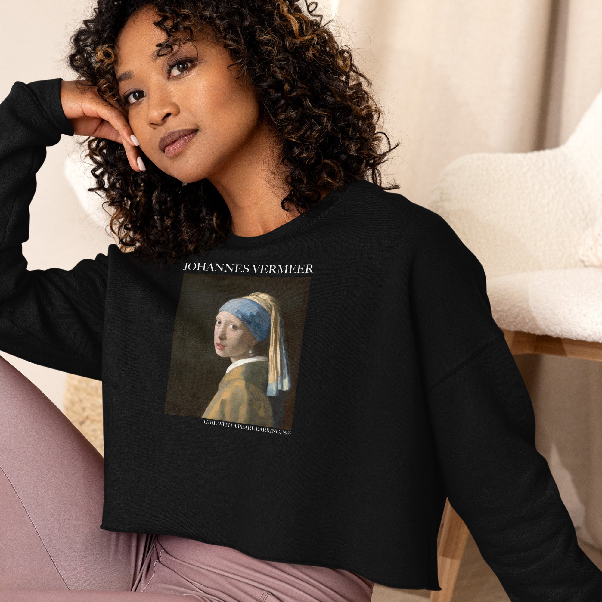 Johannes Vermeer 'Girl with a Pearl Earring' Famous Painting Cropped Sweatshirt | Premium Art Cropped Sweatshirt