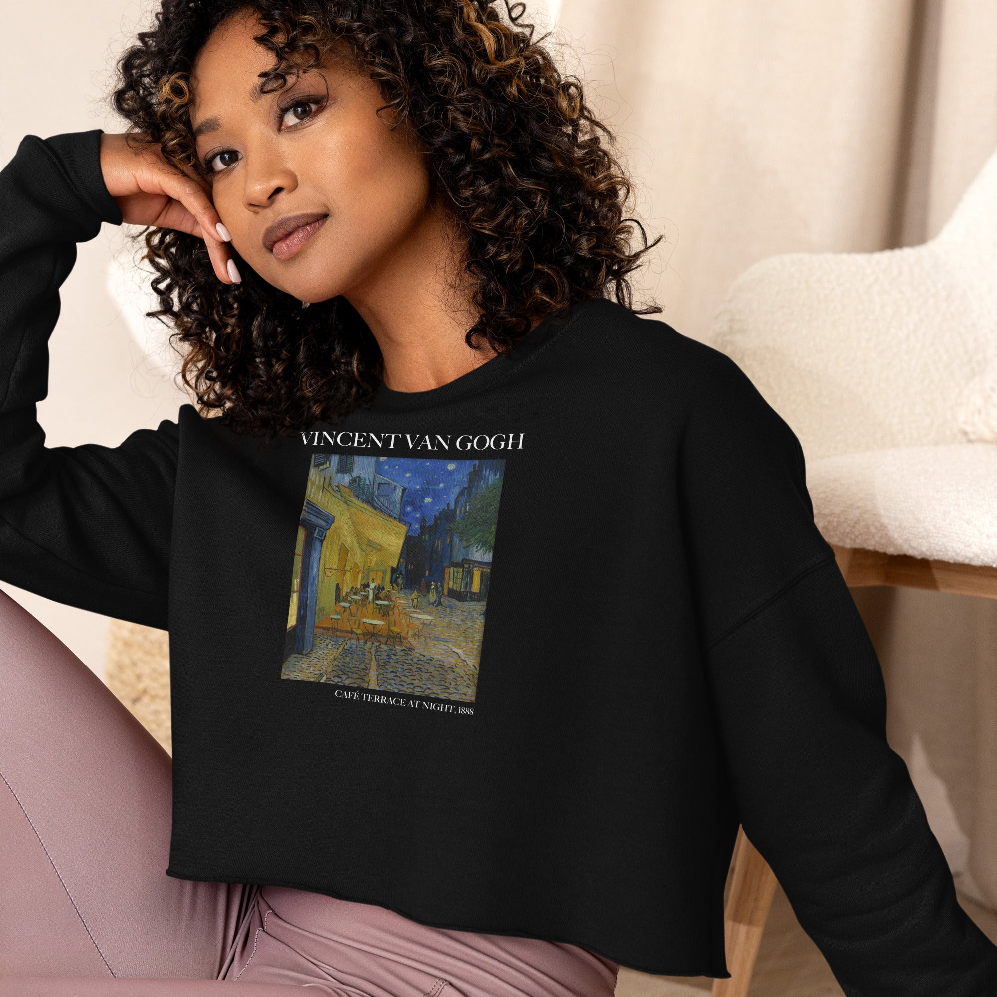 Vincent van Gogh 'Café Terrace at Night' Famous Painting Cropped Sweatshirt | Premium Art Cropped Sweatshirt