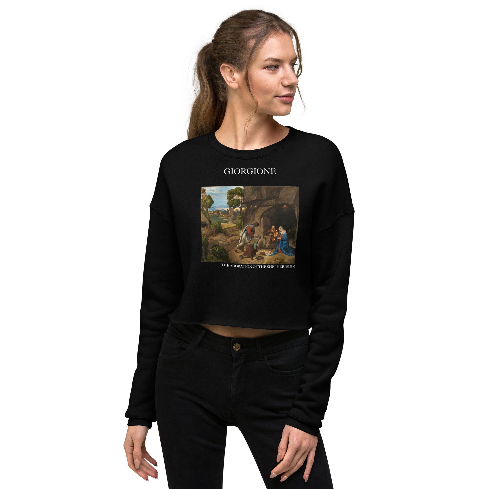 Kurzes Sweatshirt „Die Anbetung der Hirten“ von Giorgione, berühmtes Gemälde | Kurzes Sweatshirt „Premium Art“