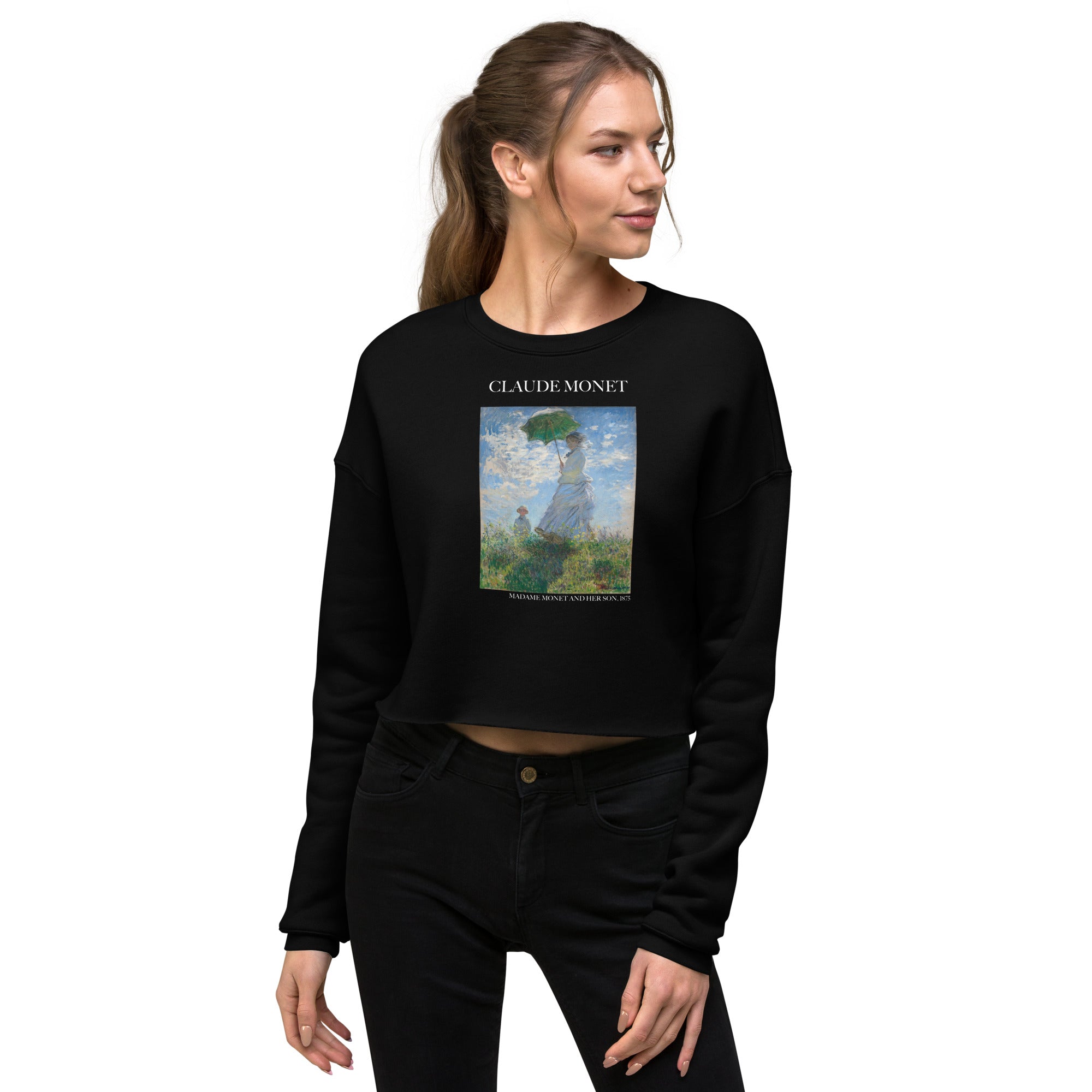 Claude Monet 'Madame Monet and Her Son' Famous Painting Cropped Sweatshirt | Premium Art Cropped Sweatshirt