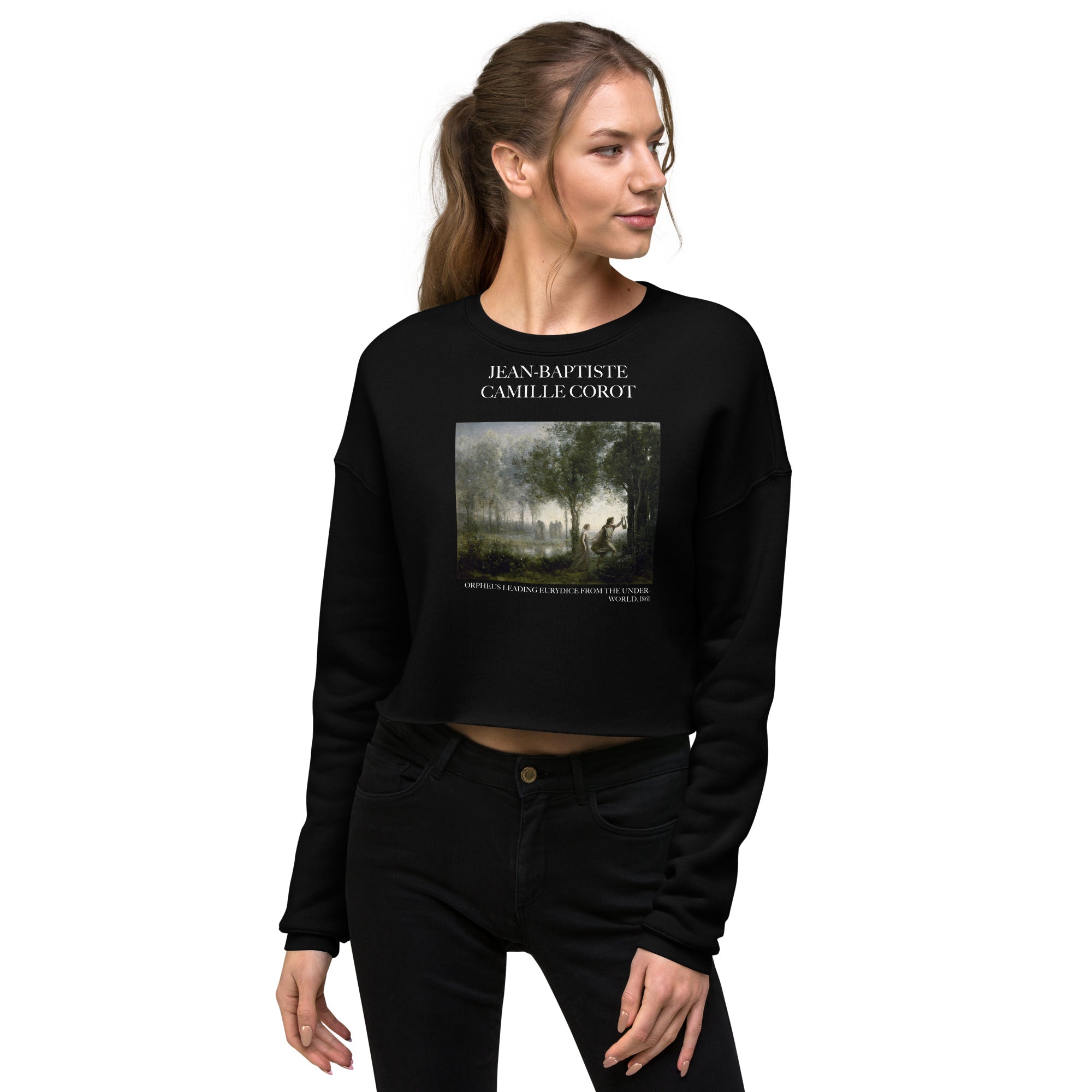 Jean-Baptiste Camille Corot 'Orpheus Leading Eurydice from the Underworld' Famous Painting Cropped Sweatshirt | Premium Art Cropped Sweatshirt