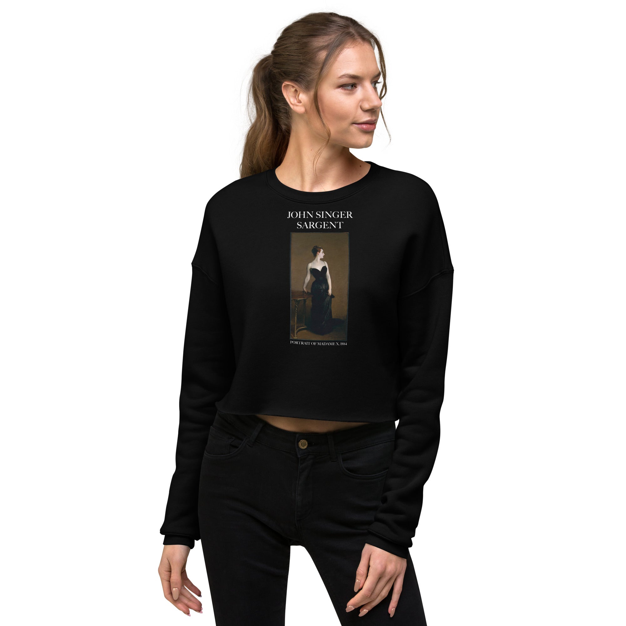 Kurzes Sweatshirt mit dem berühmten Gemälde „Portrait of Madame X“ von John Singer Sargent | Kurzes Sweatshirt mit Premium-Kunstmotiv