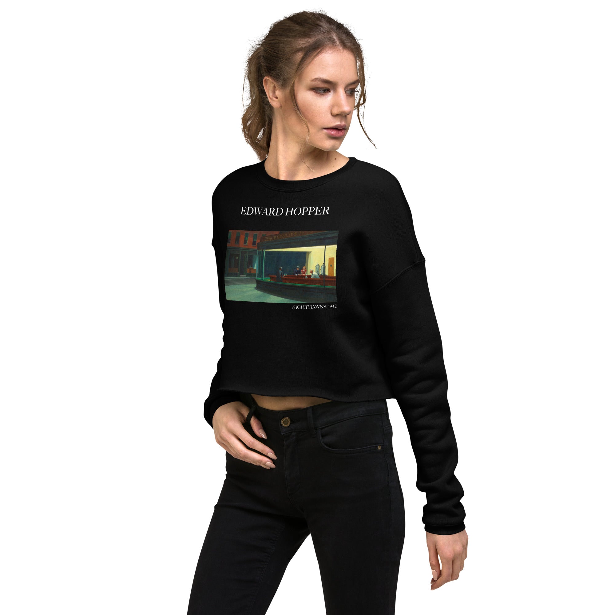 Edward Hopper 'Nighthawks' Famous Painting Cropped Sweatshirt | Premium Art Cropped Sweatshirt