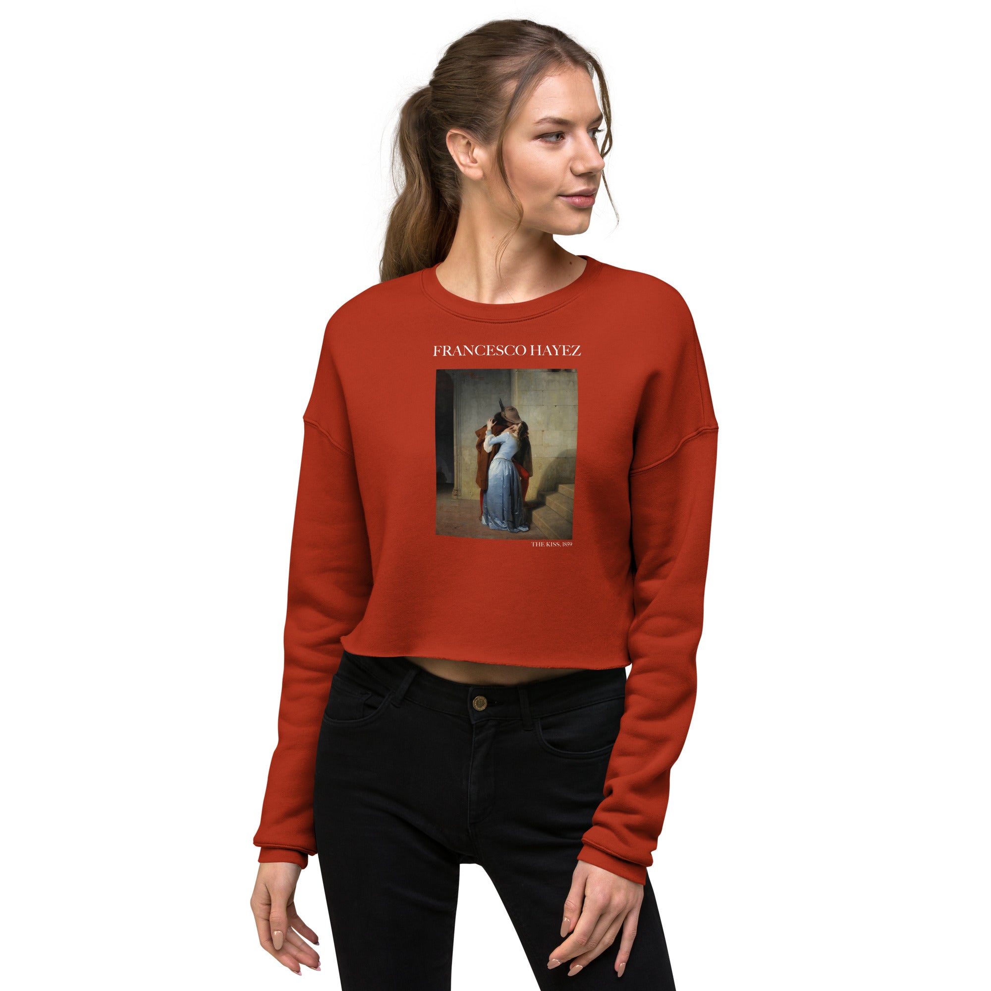 Kurzes Sweatshirt mit berühmtem Gemälde „Der Kuss“ von Francesco Hayez | Kurzes Sweatshirt mit Premium-Kunstmotiv