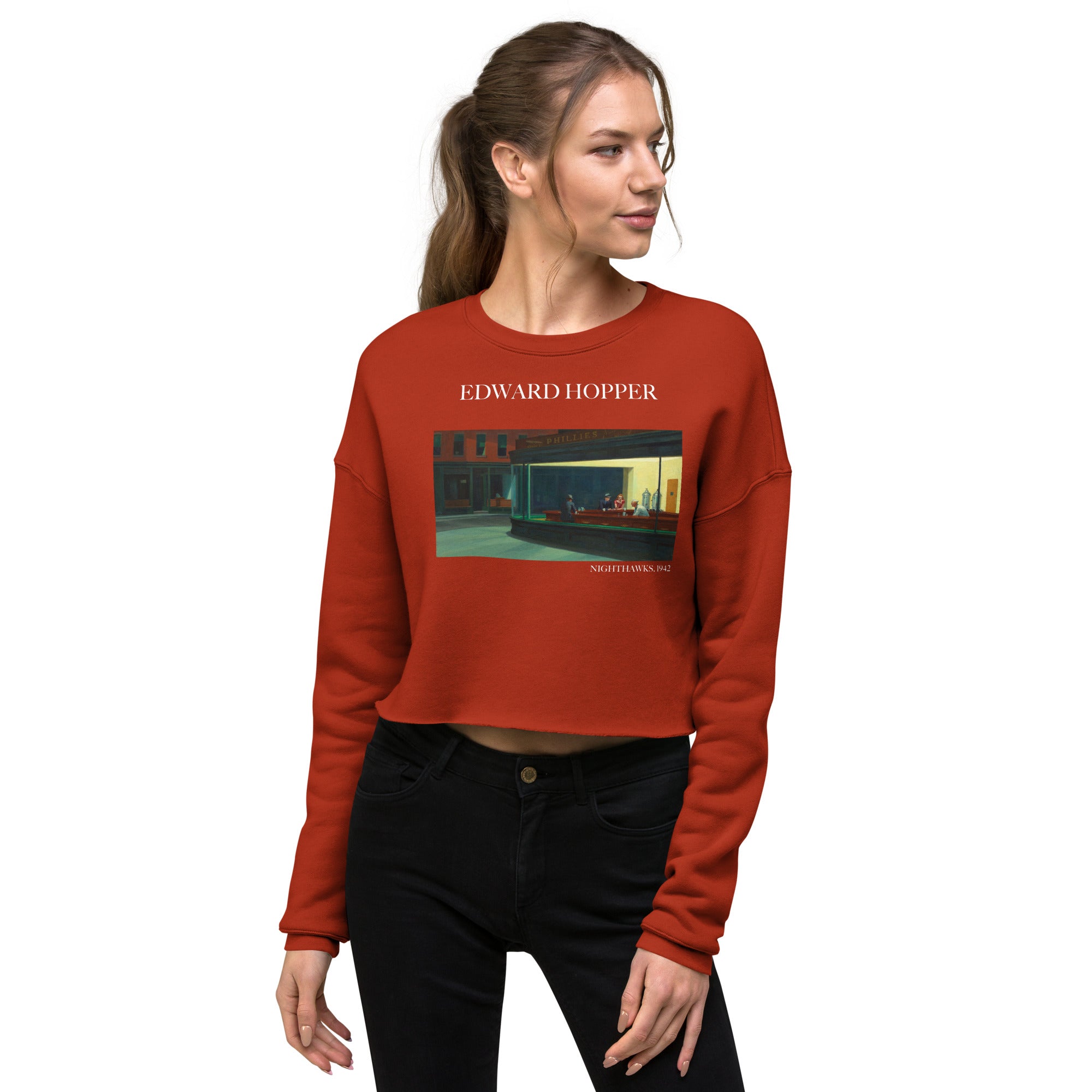 Edward Hopper 'Nighthawks' Famous Painting Cropped Sweatshirt | Premium Art Cropped Sweatshirt