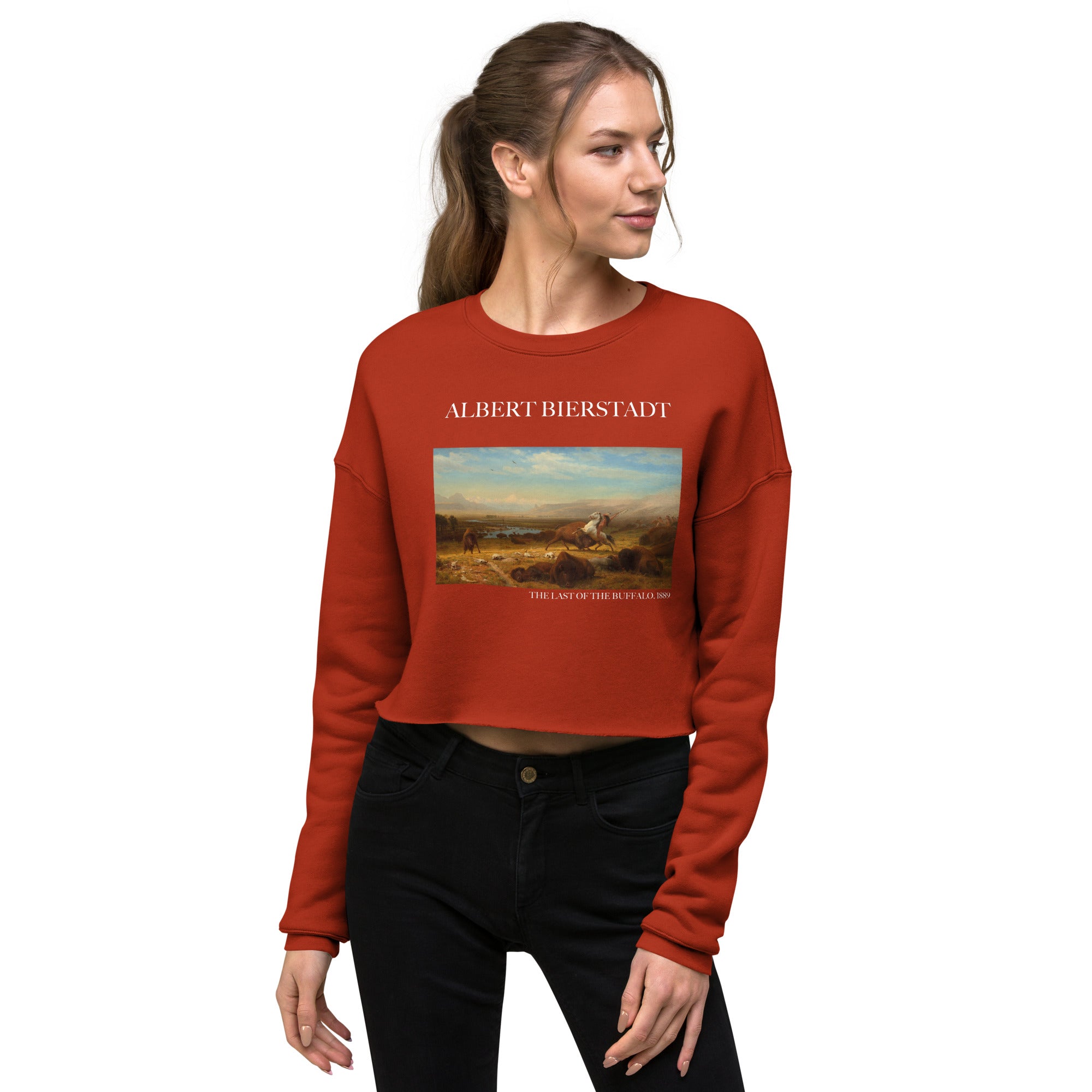 Albert Bierstadt 'The Last of the Buffalo' Famous Painting Cropped Sweatshirt | Premium Art Cropped Sweatshirt