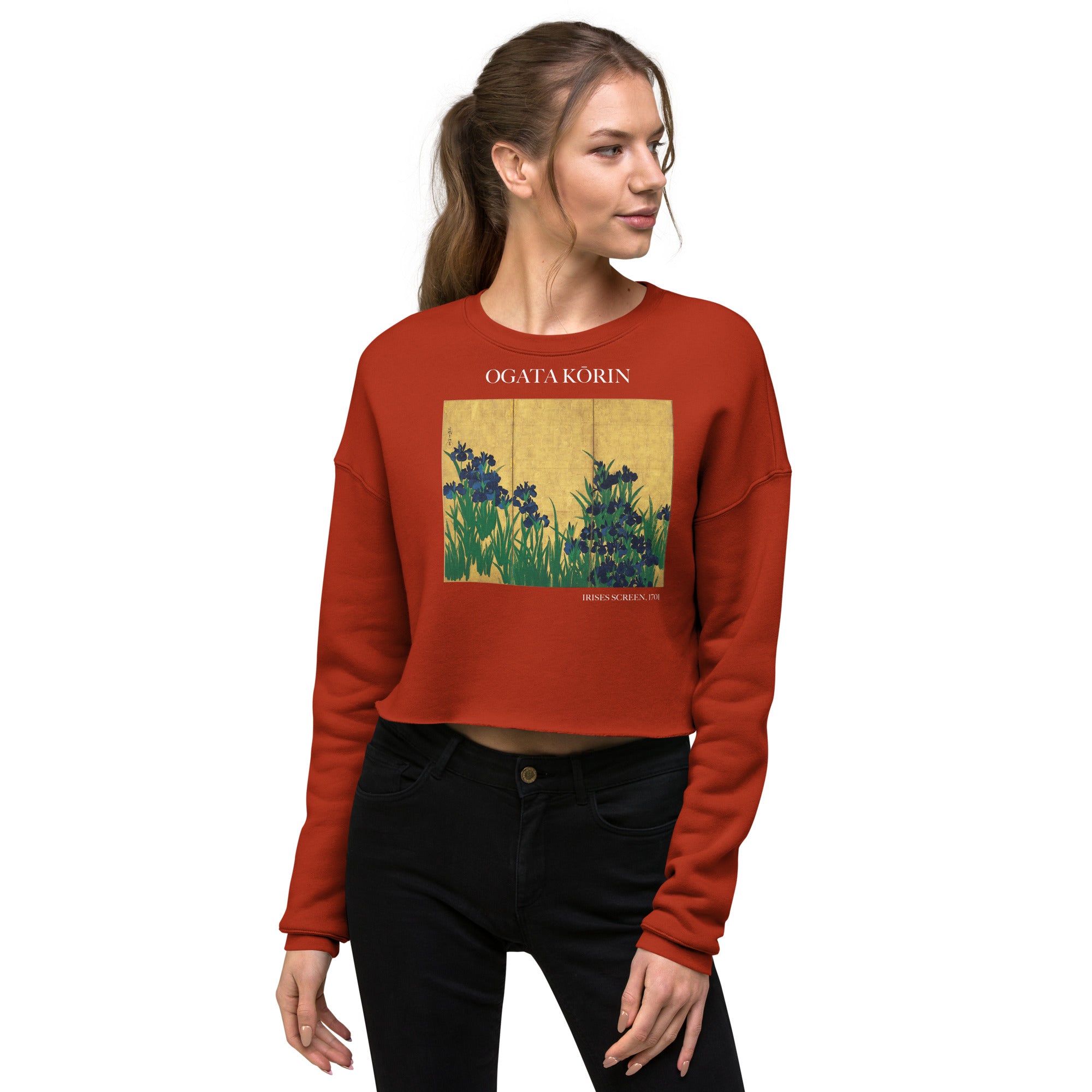 Ogata Kōrin 'Irises Screen' Famous Painting Cropped Sweatshirt | Premium Art Cropped Sweatshirt