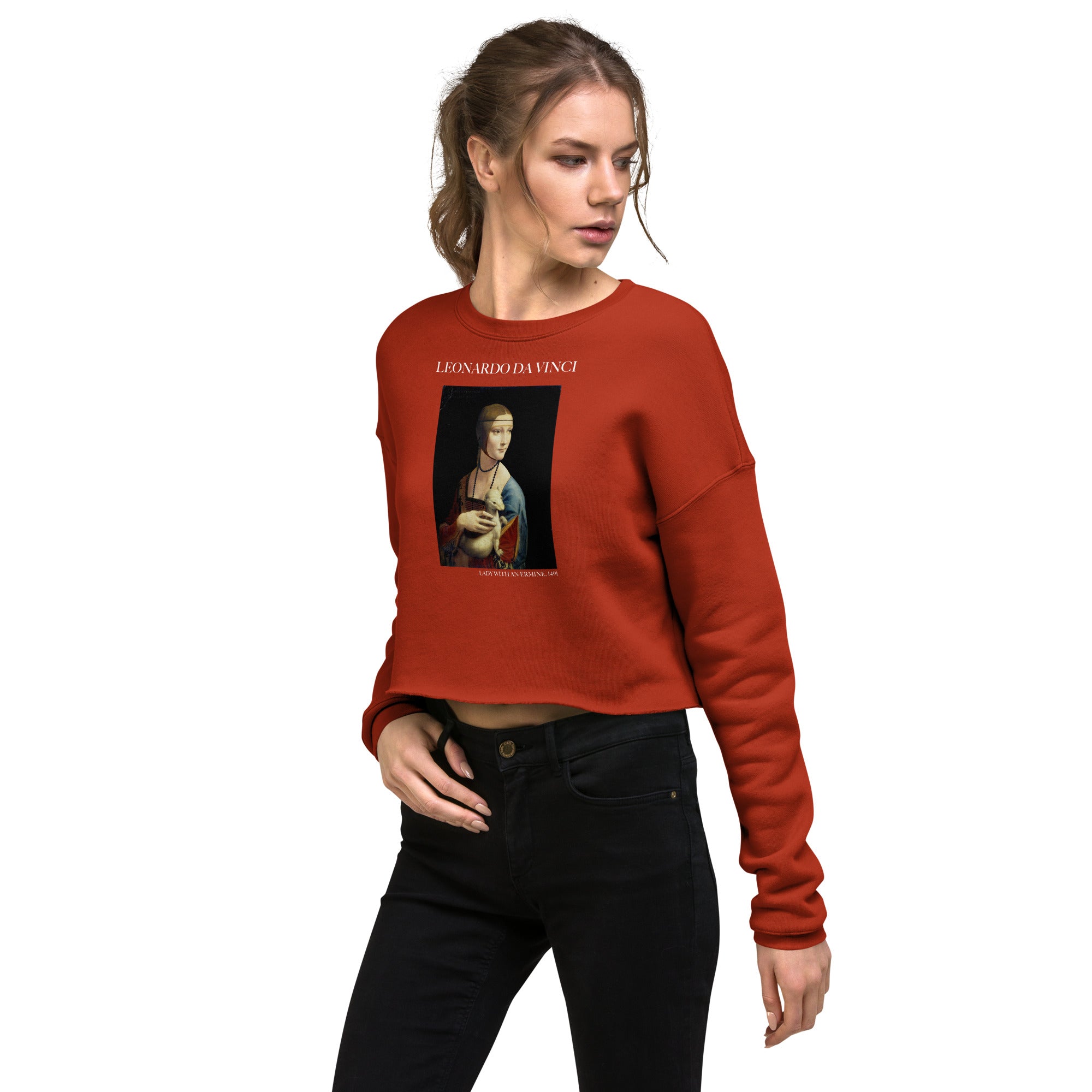 Leonardo da Vinci 'Lady with an Ermine' Famous Painting Cropped Sweatshirt | Premium Art Cropped Sweatshirt