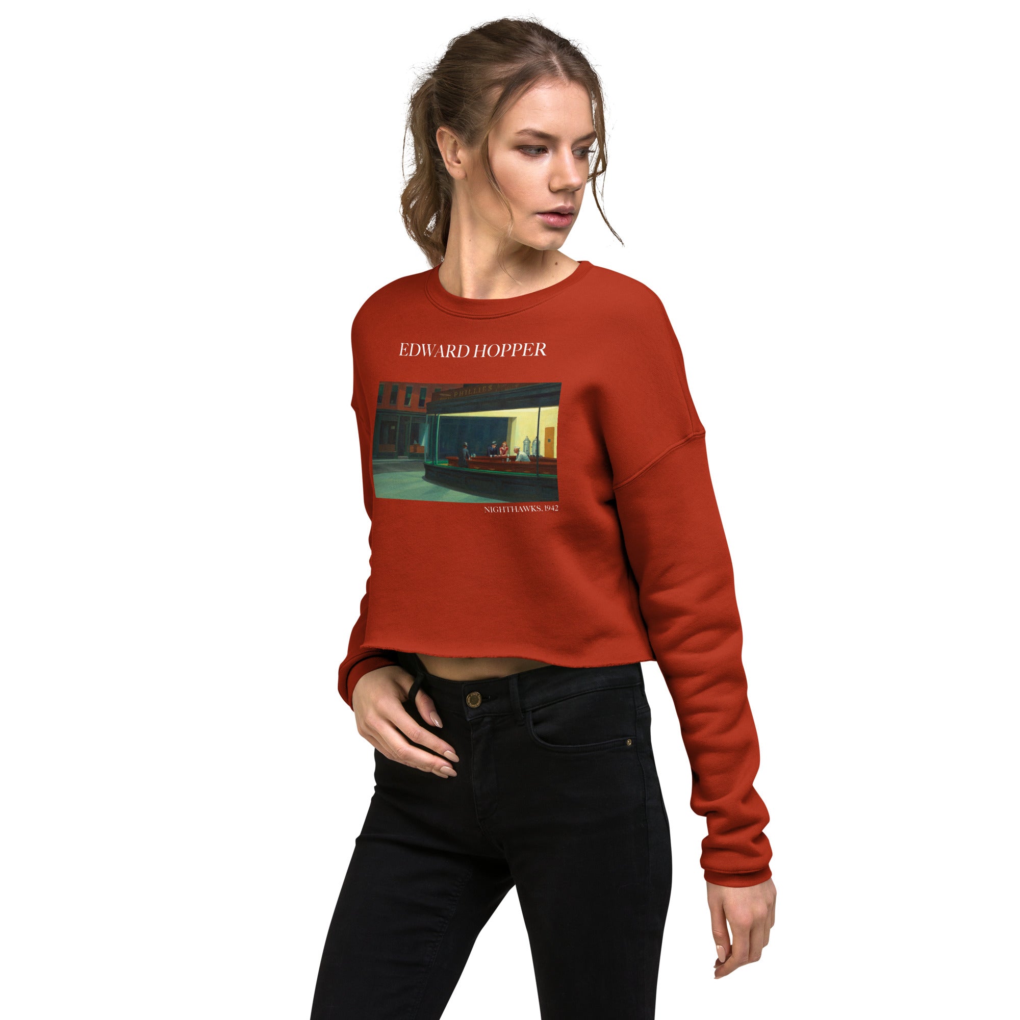 Edward Hopper 'Nighthawks' Famous Painting Cropped Sweatshirt | Premium Art Cropped Sweatshirt