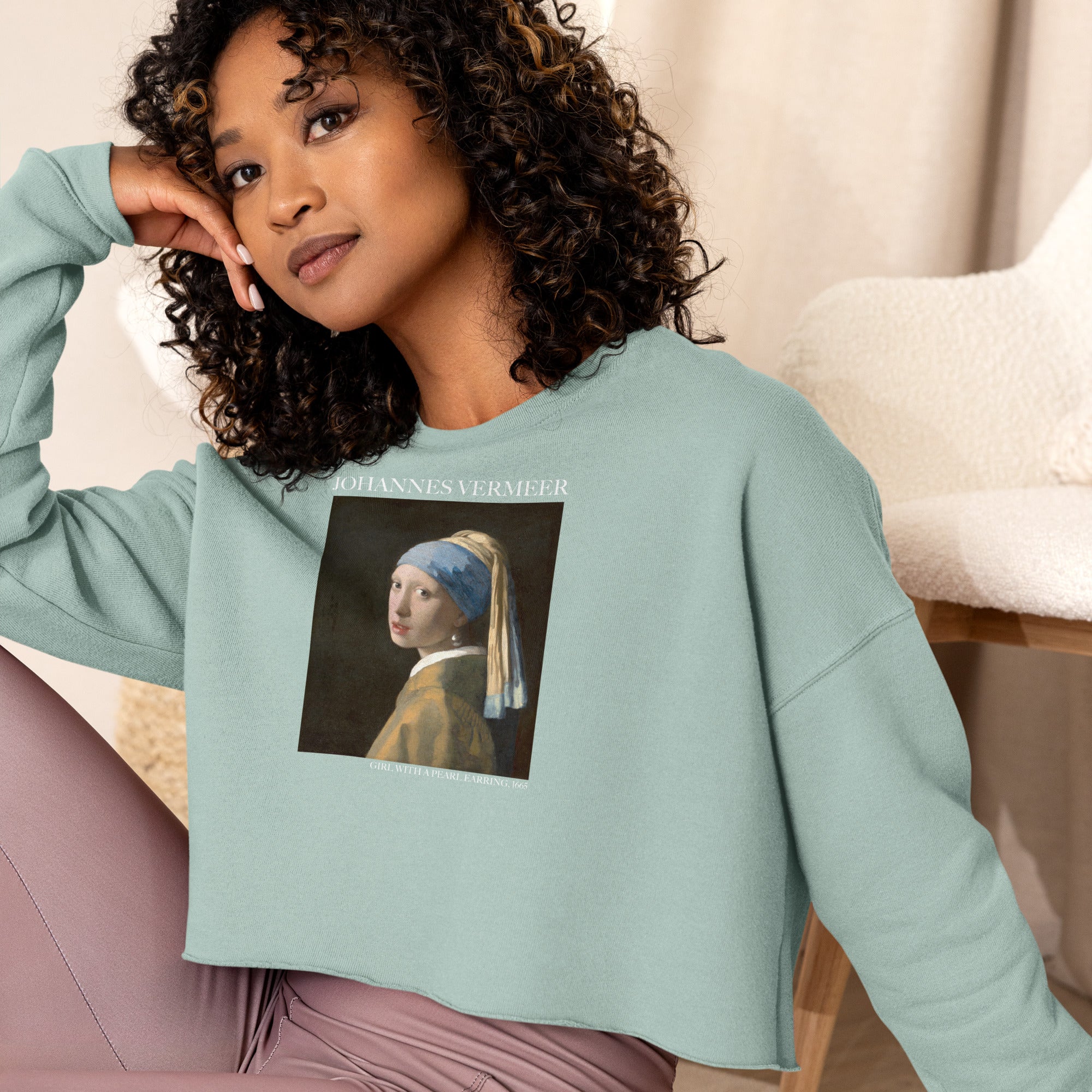 Johannes Vermeer 'Girl with a Pearl Earring' Famous Painting Cropped Sweatshirt | Premium Art Cropped Sweatshirt