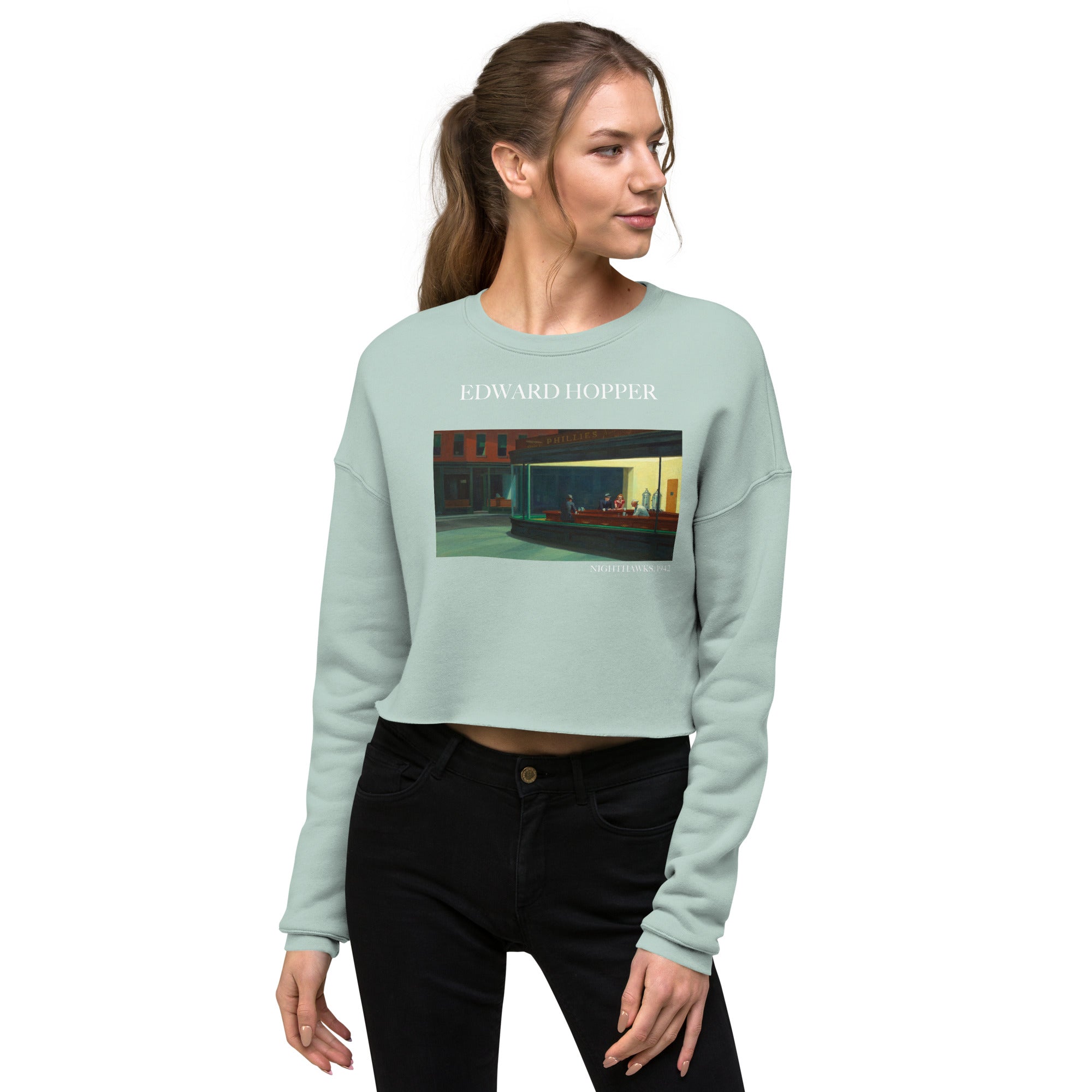 Edward Hopper 'Nighthawks' Famous Painting Cropped Sweatshirt | Premium Art Cropped Sweatshirt