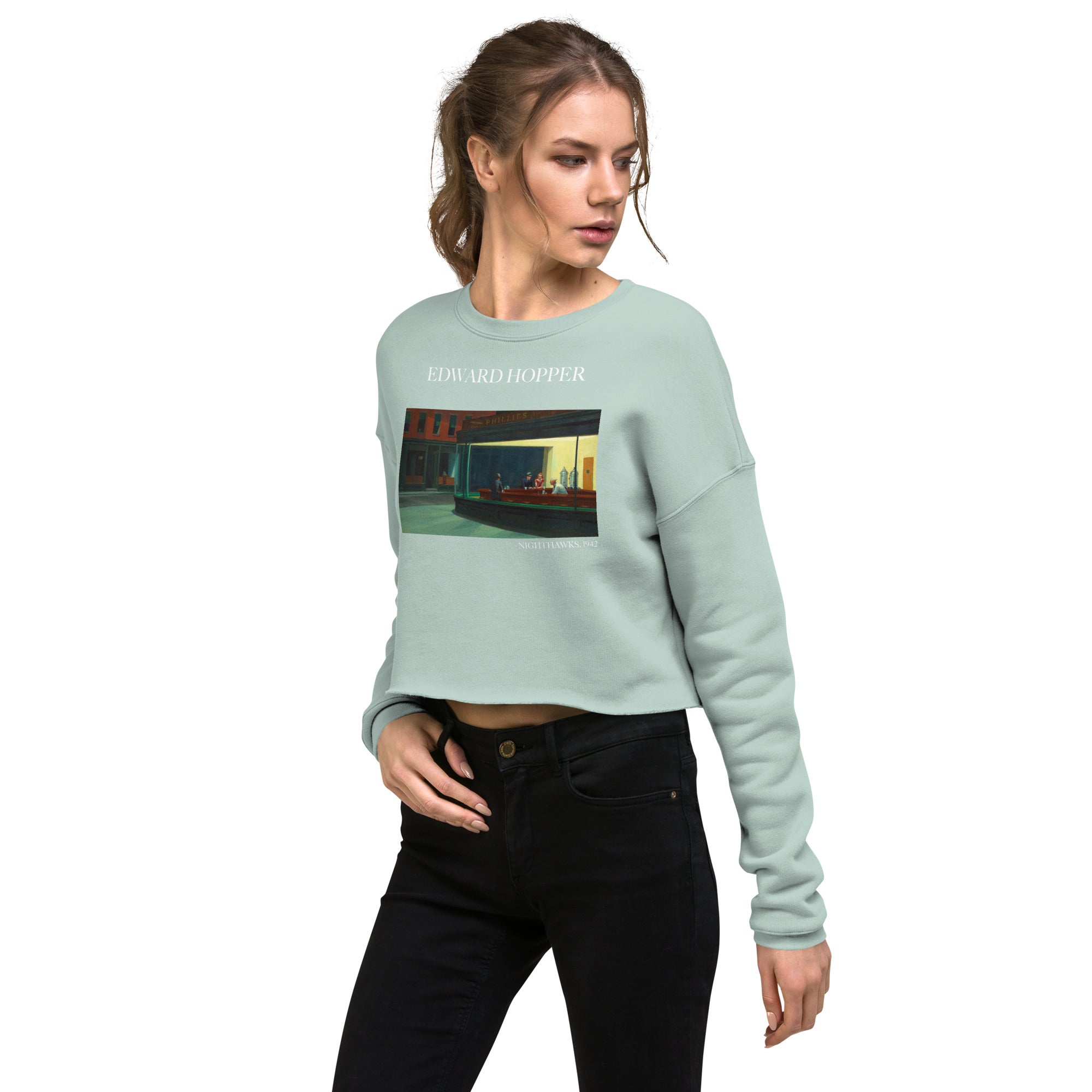 Edward Hopper 'Nighthawks' Famous Painting Cropped Sweatshirt | Premium Art Cropped Sweatshirt