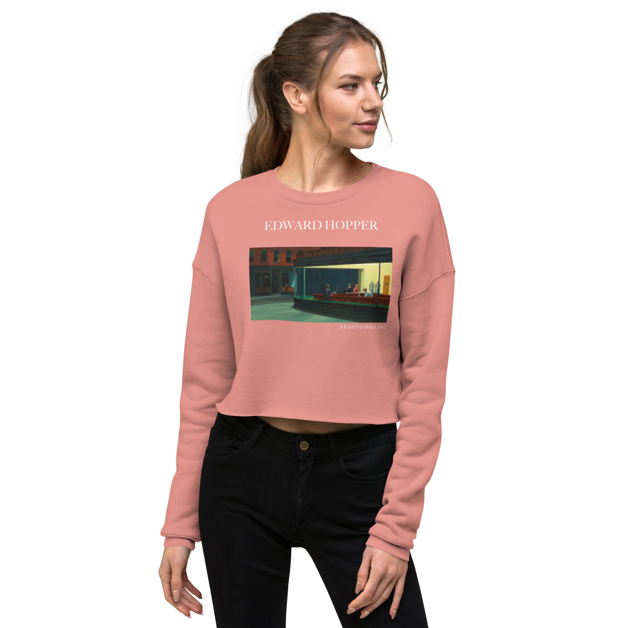 Edward Hopper 'Nighthawks' Famous Painting Cropped Sweatshirt | Premium Art Cropped Sweatshirt