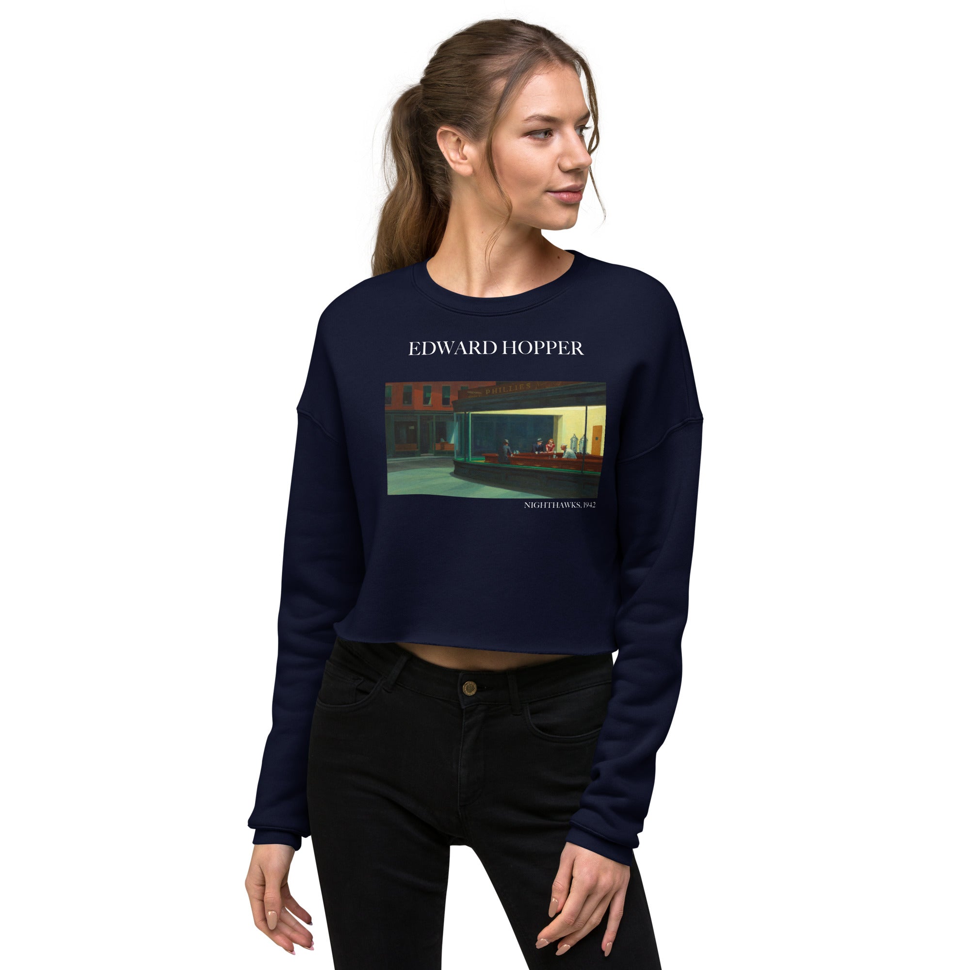 Edward Hopper 'Nighthawks' Famous Painting Cropped Sweatshirt | Premium Art Cropped Sweatshirt