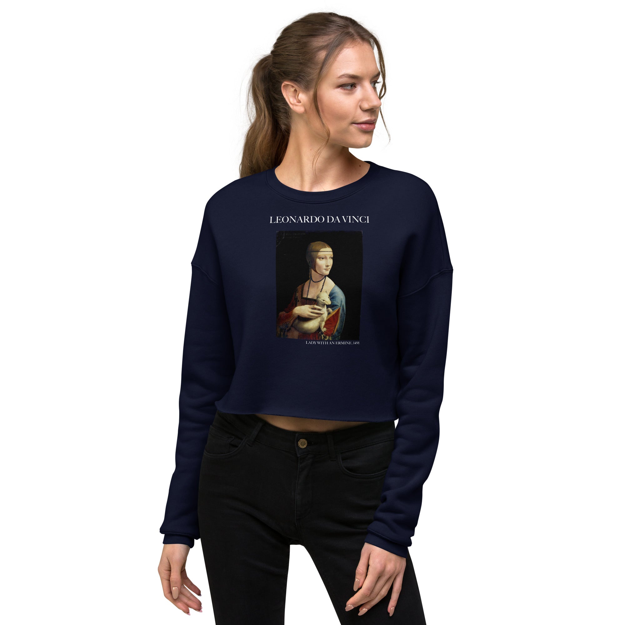 Leonardo da Vinci 'Lady with an Ermine' Famous Painting Cropped Sweatshirt | Premium Art Cropped Sweatshirt