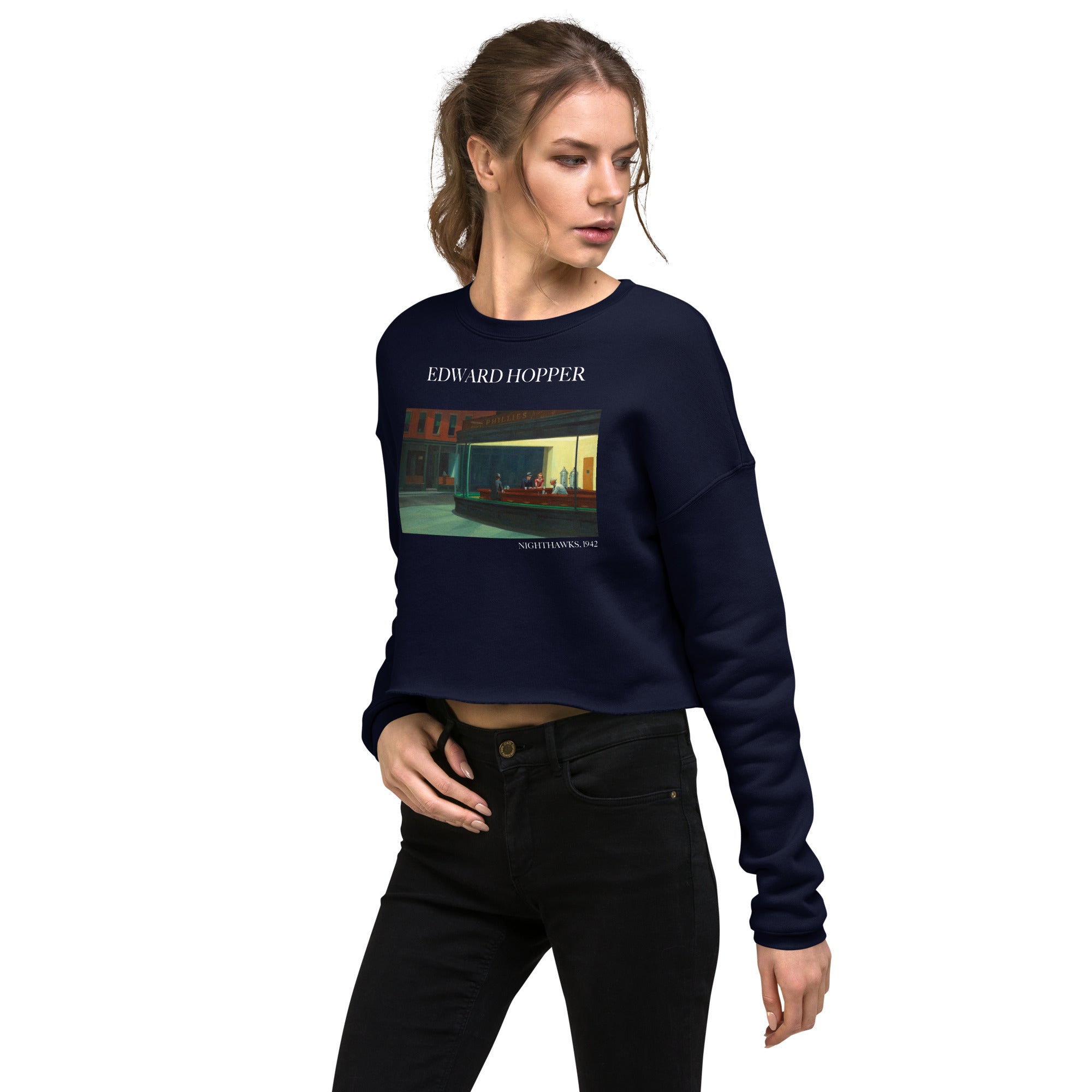 Edward Hopper 'Nighthawks' Famous Painting Cropped Sweatshirt | Premium Art Cropped Sweatshirt