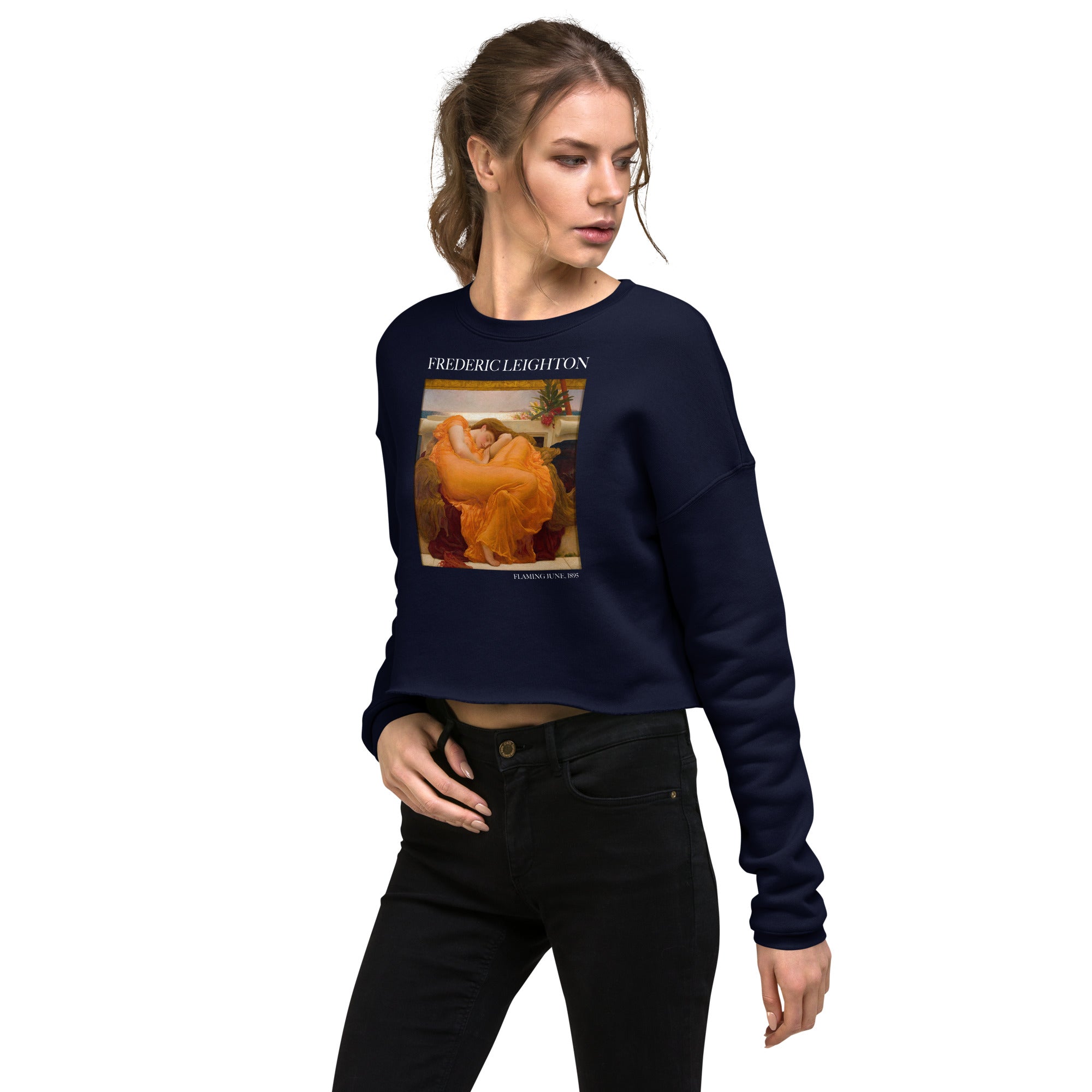 Kurzes Sweatshirt mit berühmtem Gemälde „Flaming June“ von Frederic Leighton | Kurzes Sweatshirt mit Premium-Kunstmotiv