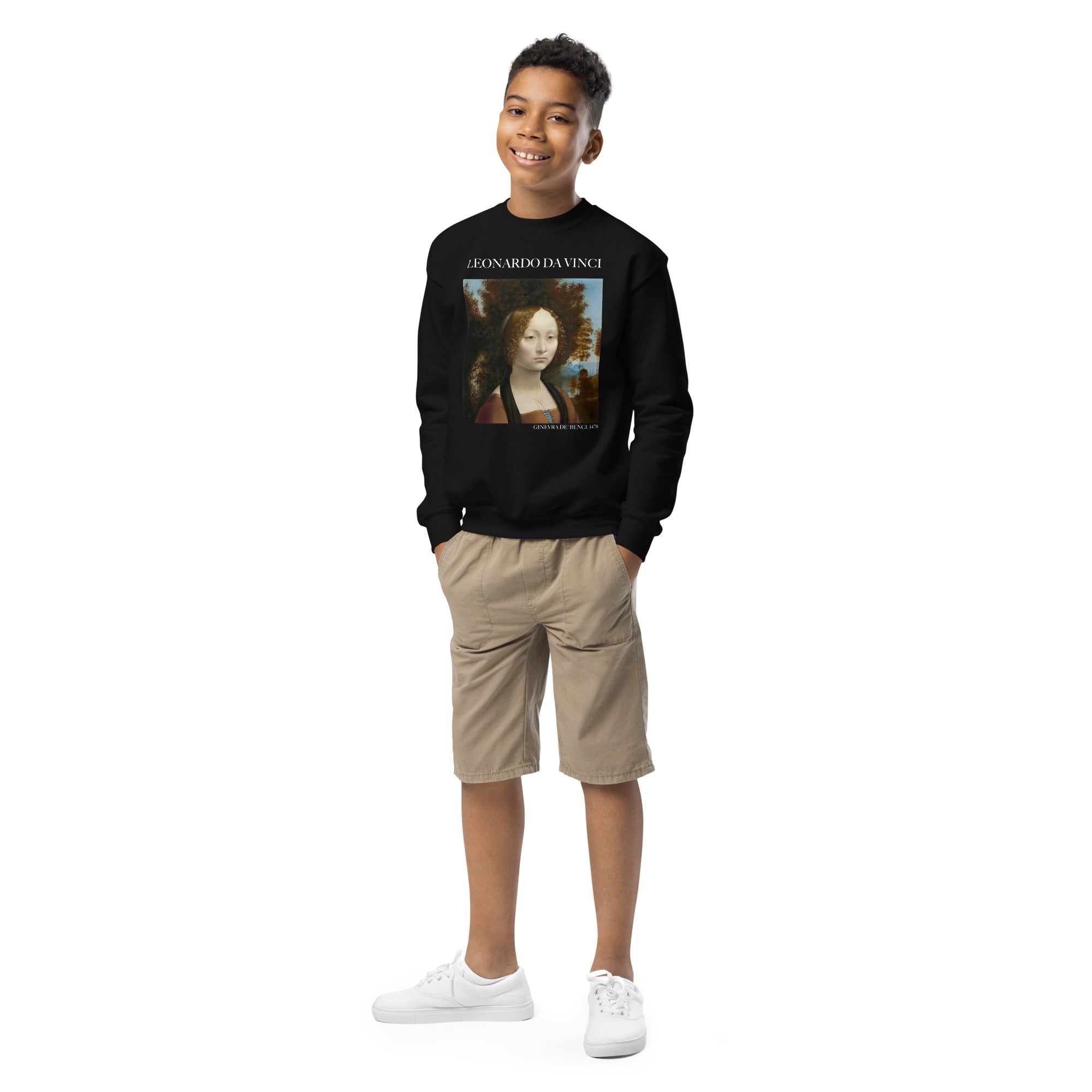 Leonardo da Vinci 'Ginevra de' Benci' Berühmtes Gemälde Rundhals-Sweatshirt | Premium Jugend-Kunst-Sweatshirt