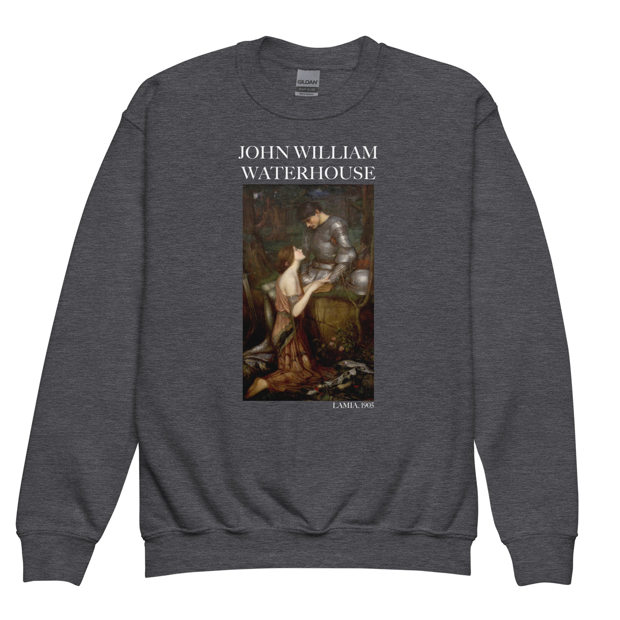 Rundhals-Sweatshirt „Lamia“ von John William Waterhouse, berühmtes Gemälde | Premium-Kunst-Sweatshirt für Jugendliche