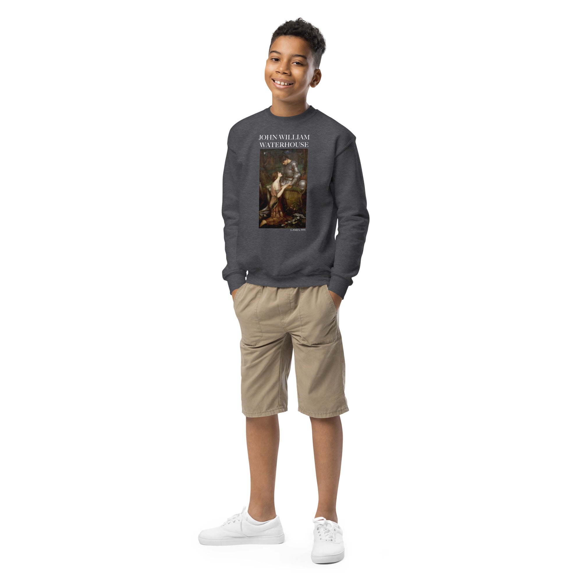 Rundhals-Sweatshirt „Lamia“ von John William Waterhouse, berühmtes Gemälde | Premium-Kunst-Sweatshirt für Jugendliche