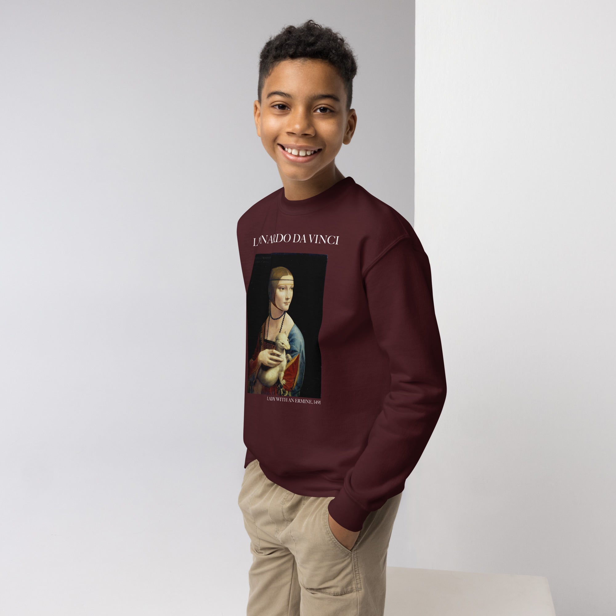 Leonardo da Vinci - Rundhals-Sweatshirt „Die Dame mit dem Hermelin“ - berühmtes Gemälde - Premium-Kunst-Sweatshirt für Jugendliche