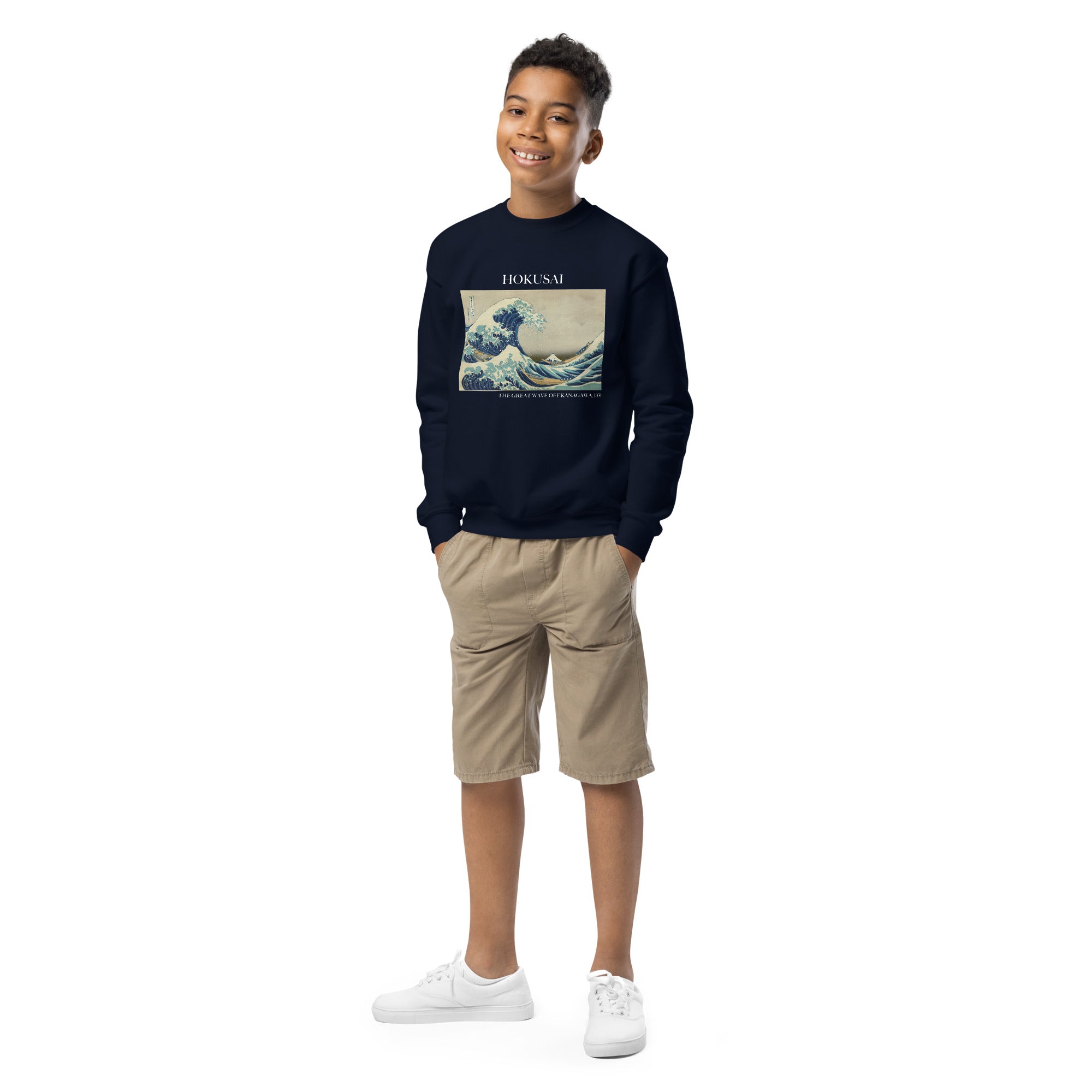 Rundhals-Sweatshirt mit berühmtem Gemälde „Die große Welle vor Kanagawa“ von Hokusai | Premium-Kunst-Sweatshirt für Jugendliche