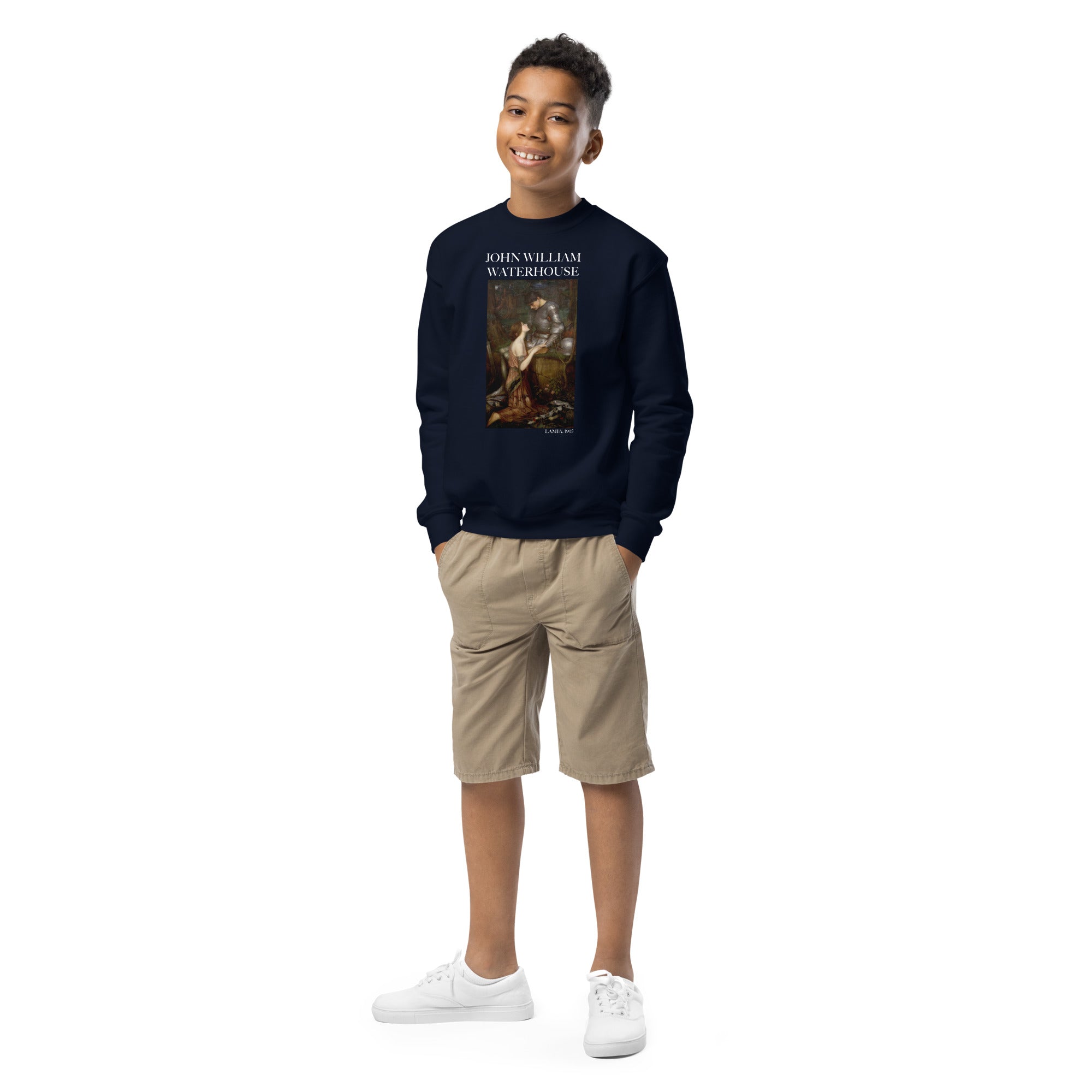 Rundhals-Sweatshirt „Lamia“ von John William Waterhouse, berühmtes Gemälde | Premium-Kunst-Sweatshirt für Jugendliche