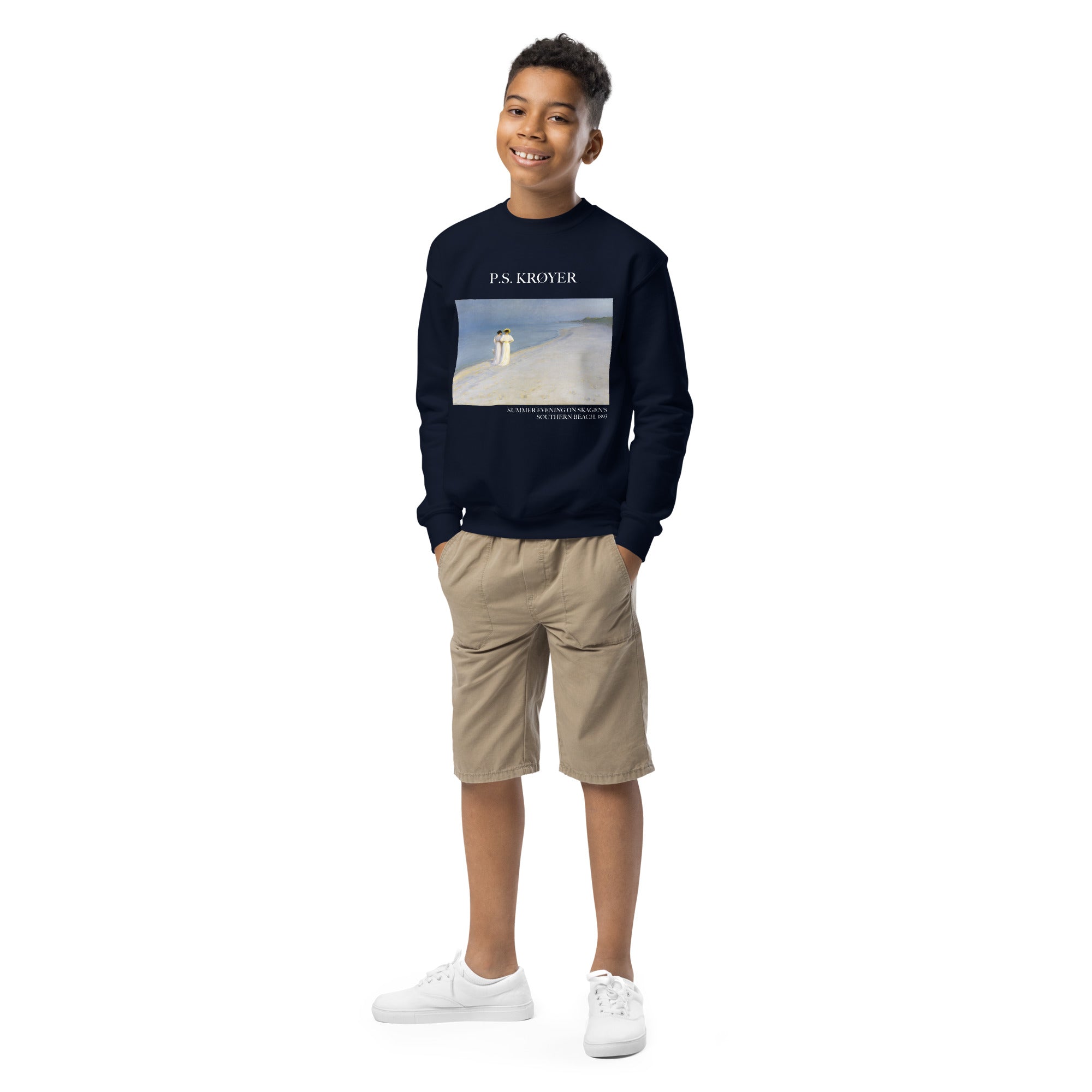 PS Krøyer „Sommerabend am Südstrand von Skagen“ – berühmtes Gemälde – Rundhals-Sweatshirt | Premium-Kunst-Sweatshirt für Jugendliche