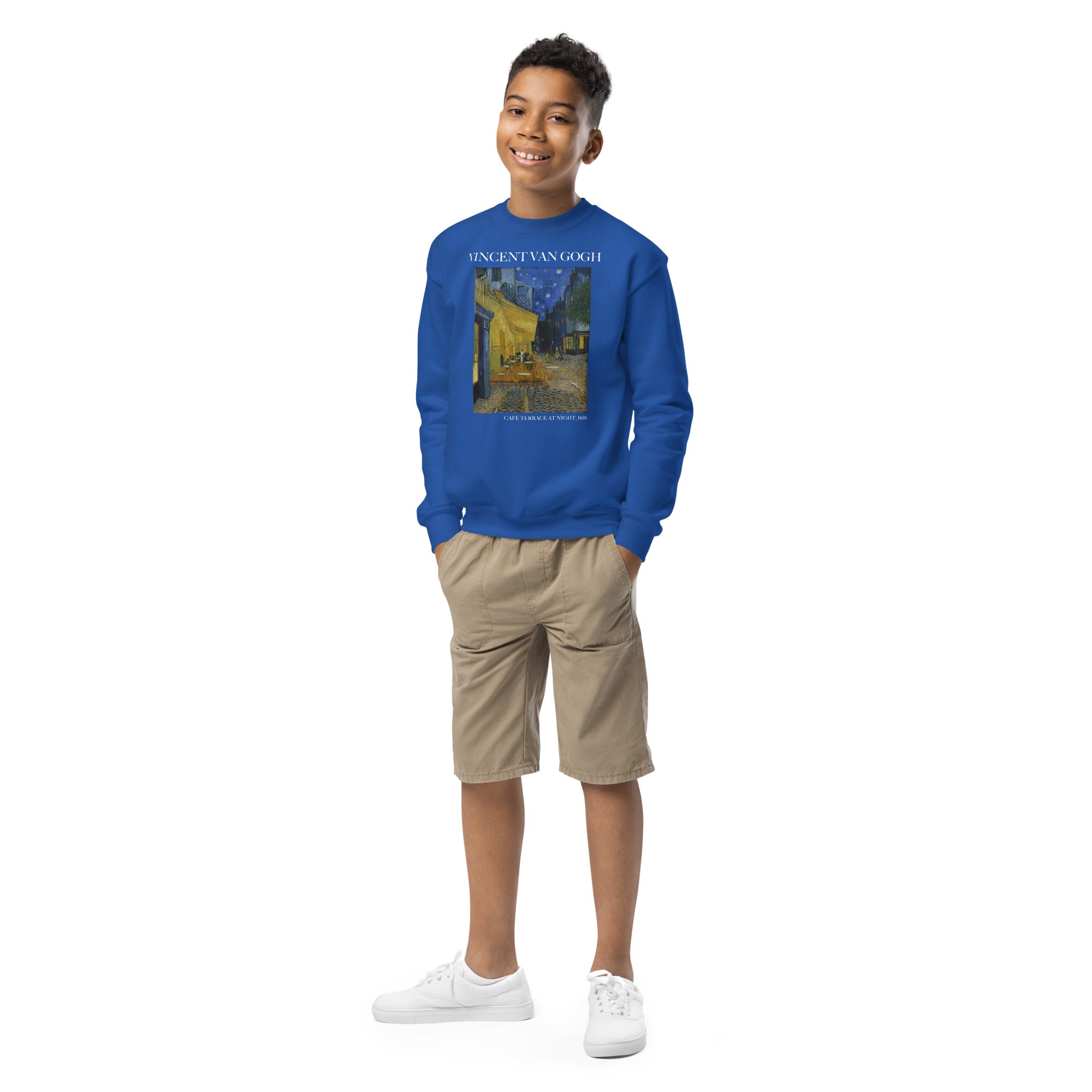 Sweatshirt mit Rundhalsausschnitt „Caféterrasse bei Nacht“ von Vincent van Gogh, berühmtes Gemälde | Premium-Kunst-Sweatshirt für Jugendliche