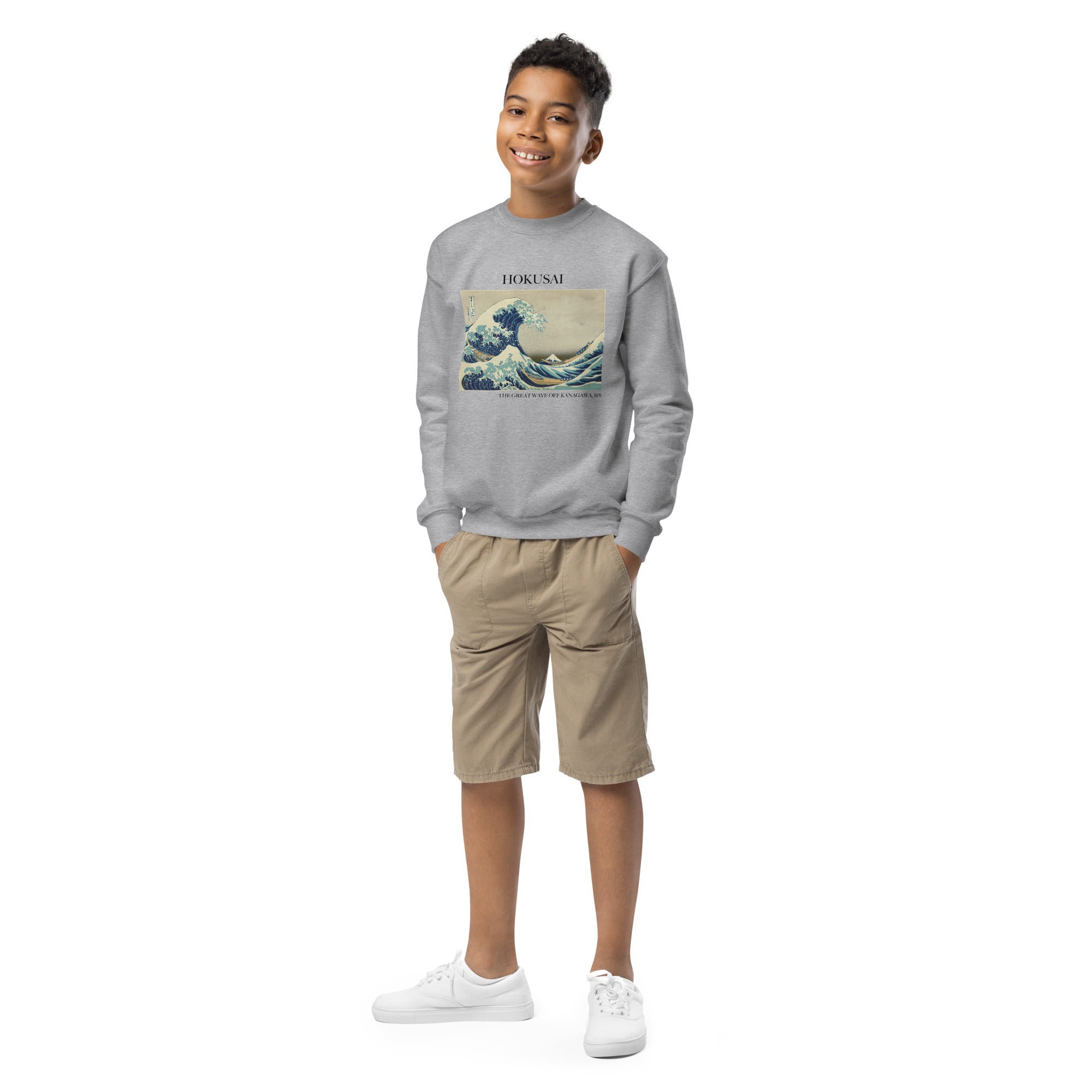 Rundhals-Sweatshirt mit berühmtem Gemälde „Die große Welle vor Kanagawa“ von Hokusai | Premium-Kunst-Sweatshirt für Jugendliche