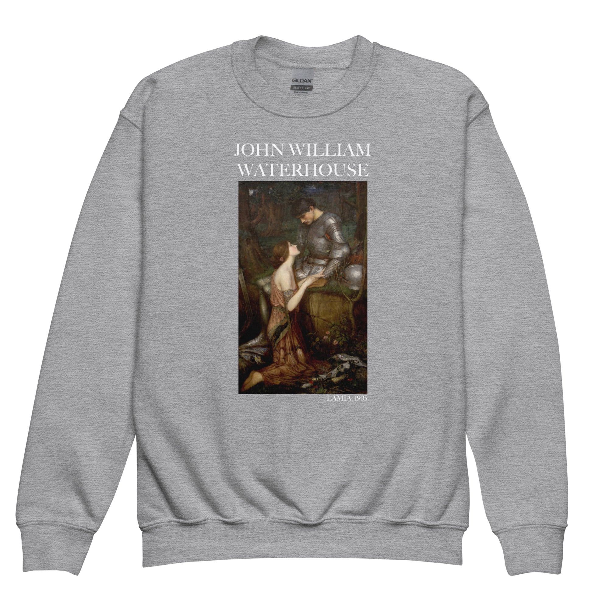 Rundhals-Sweatshirt „Lamia“ von John William Waterhouse, berühmtes Gemälde | Premium-Kunst-Sweatshirt für Jugendliche