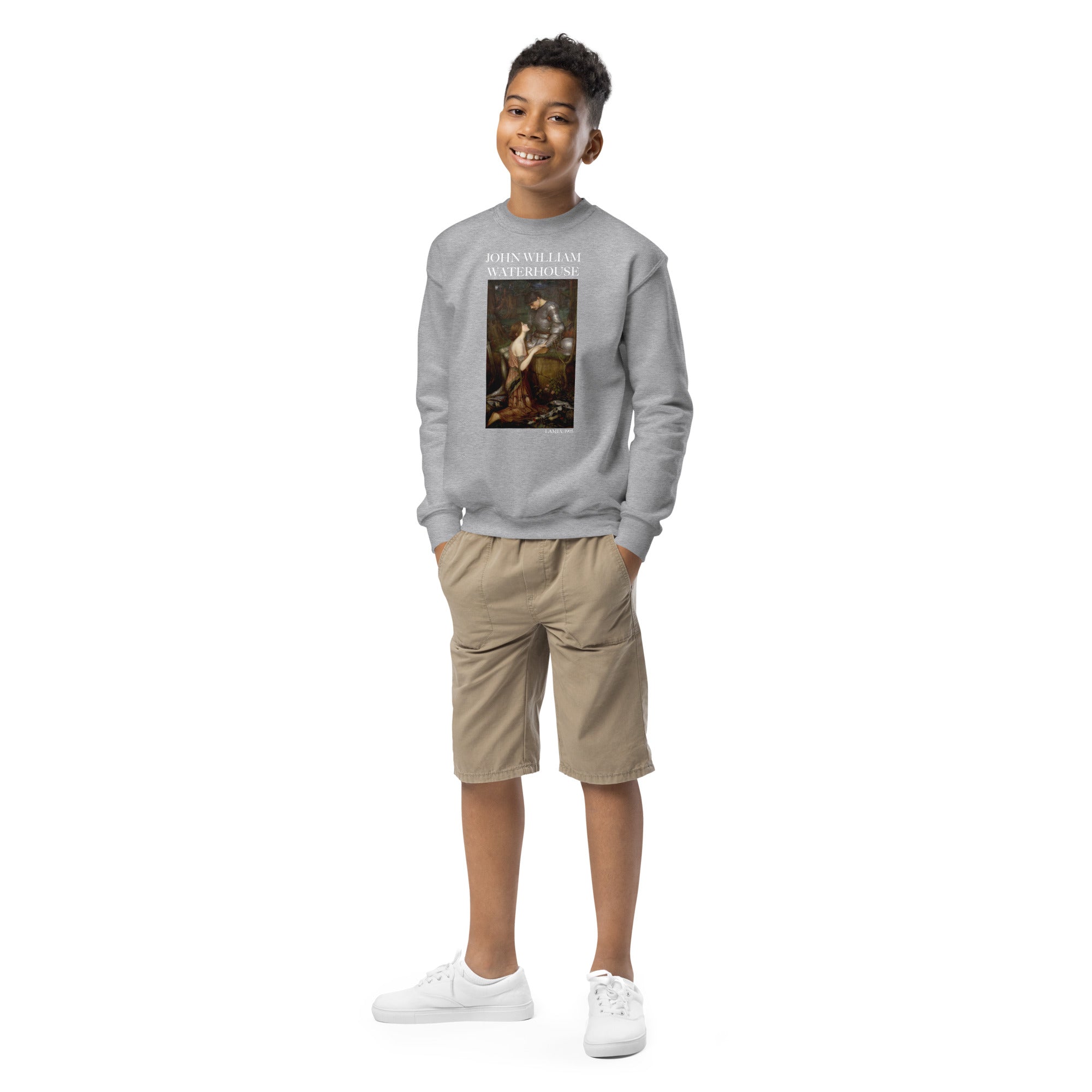 Rundhals-Sweatshirt „Lamia“ von John William Waterhouse, berühmtes Gemälde | Premium-Kunst-Sweatshirt für Jugendliche